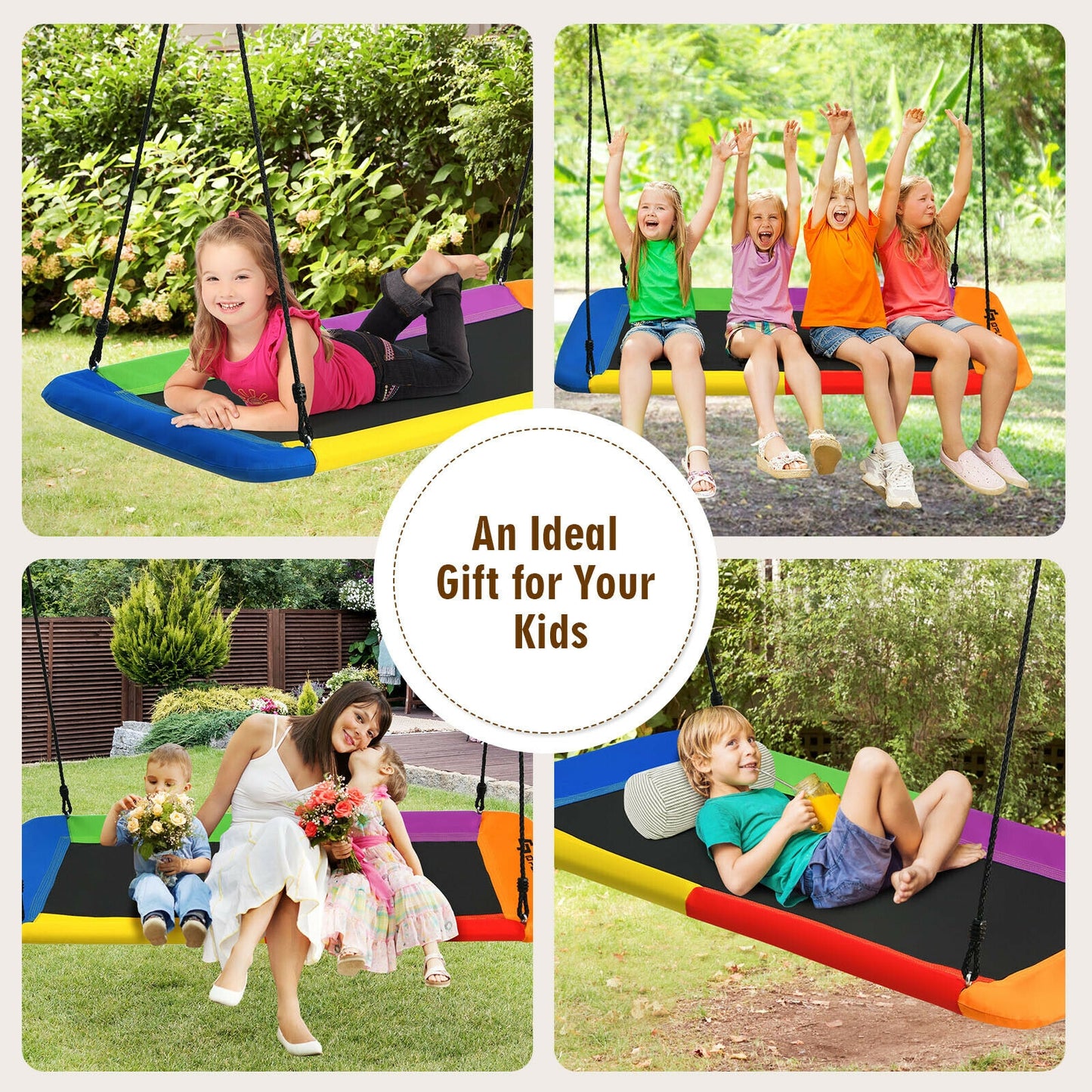 60 Inch Platform Tree Swing Outdoor with 2 Hanging Straps-Multicolor Kids Crystal