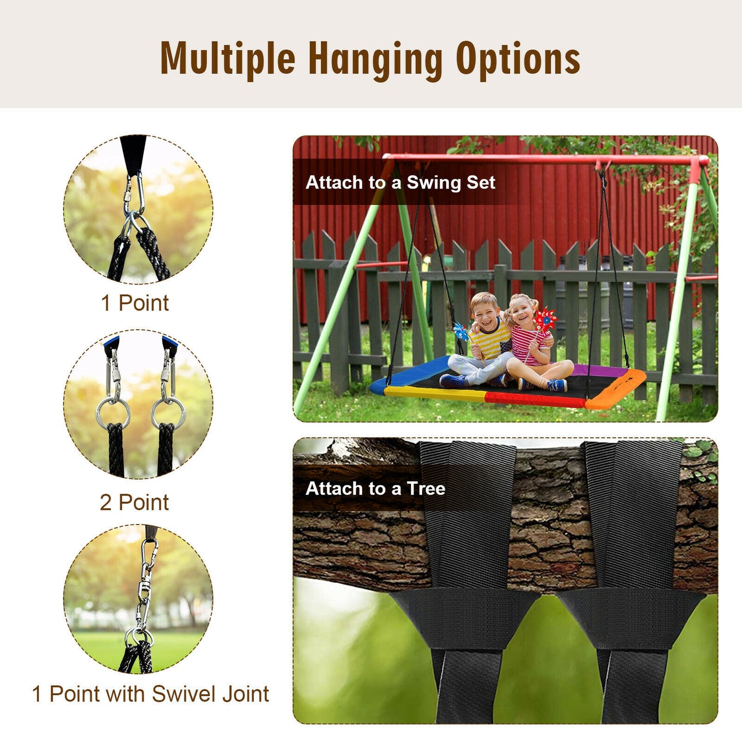 60 Inch Platform Tree Swing Outdoor with 2 Hanging Straps-Multicolor Kids Crystal