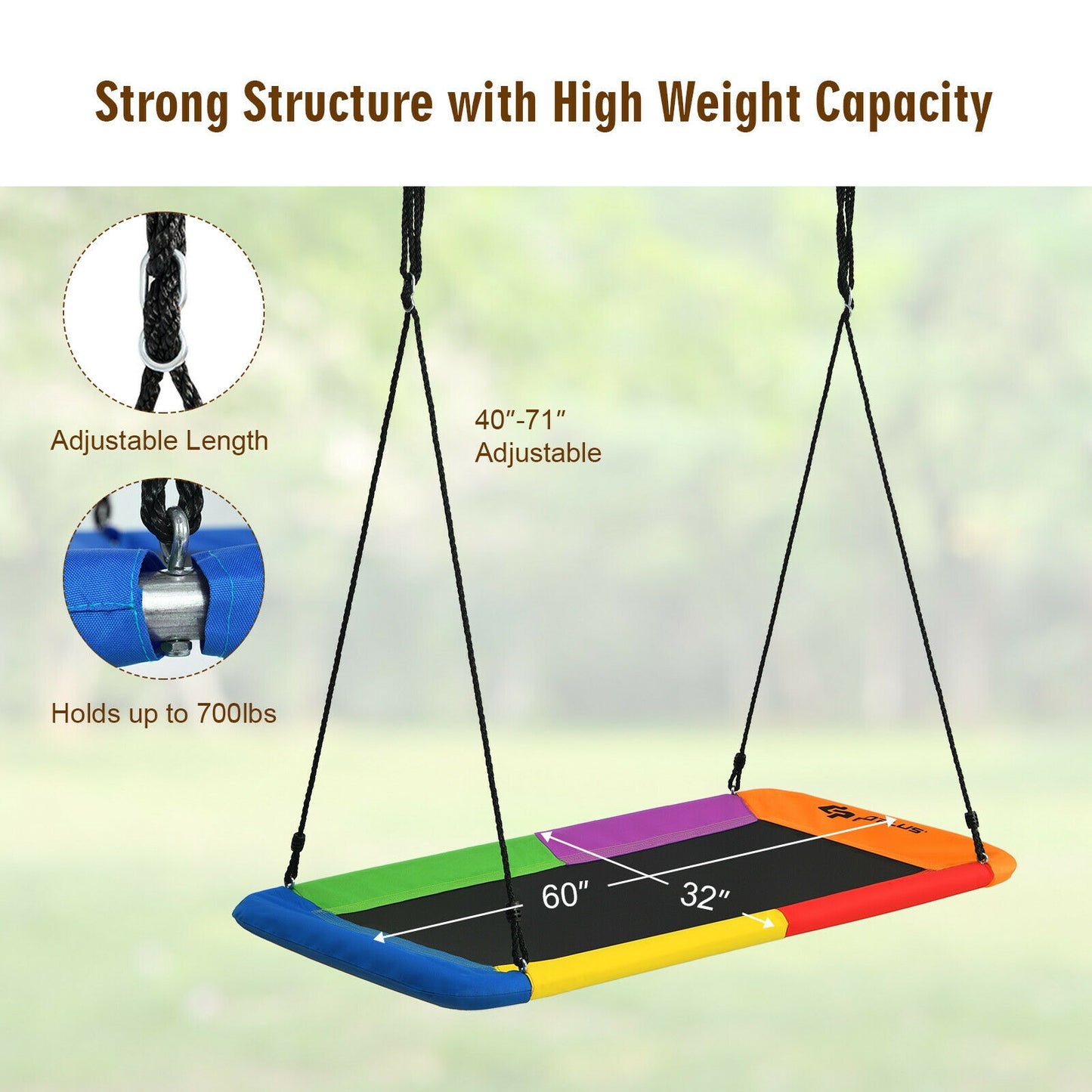 60 Inch Platform Tree Swing Outdoor with 2 Hanging Straps-Multicolor Kids Crystal