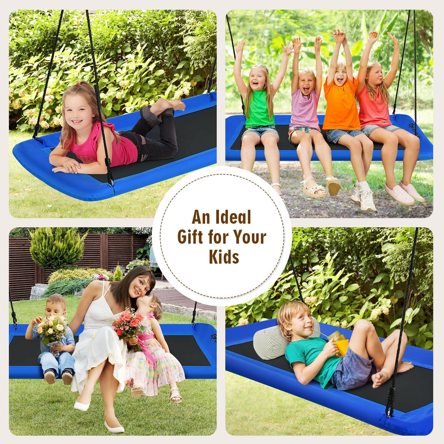 60 Inch Platform Tree Swing Outdoor with 2 Hanging Straps-Blue Kids Crystal