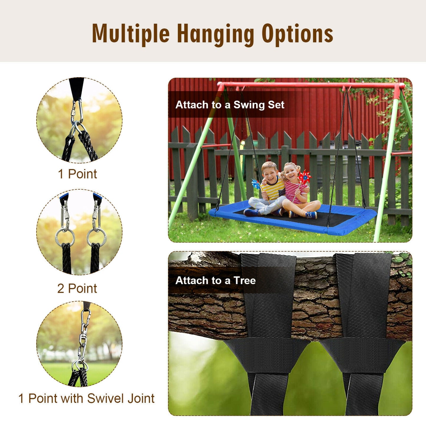 60 Inch Platform Tree Swing Outdoor with 2 Hanging Straps-Blue Kids Crystal