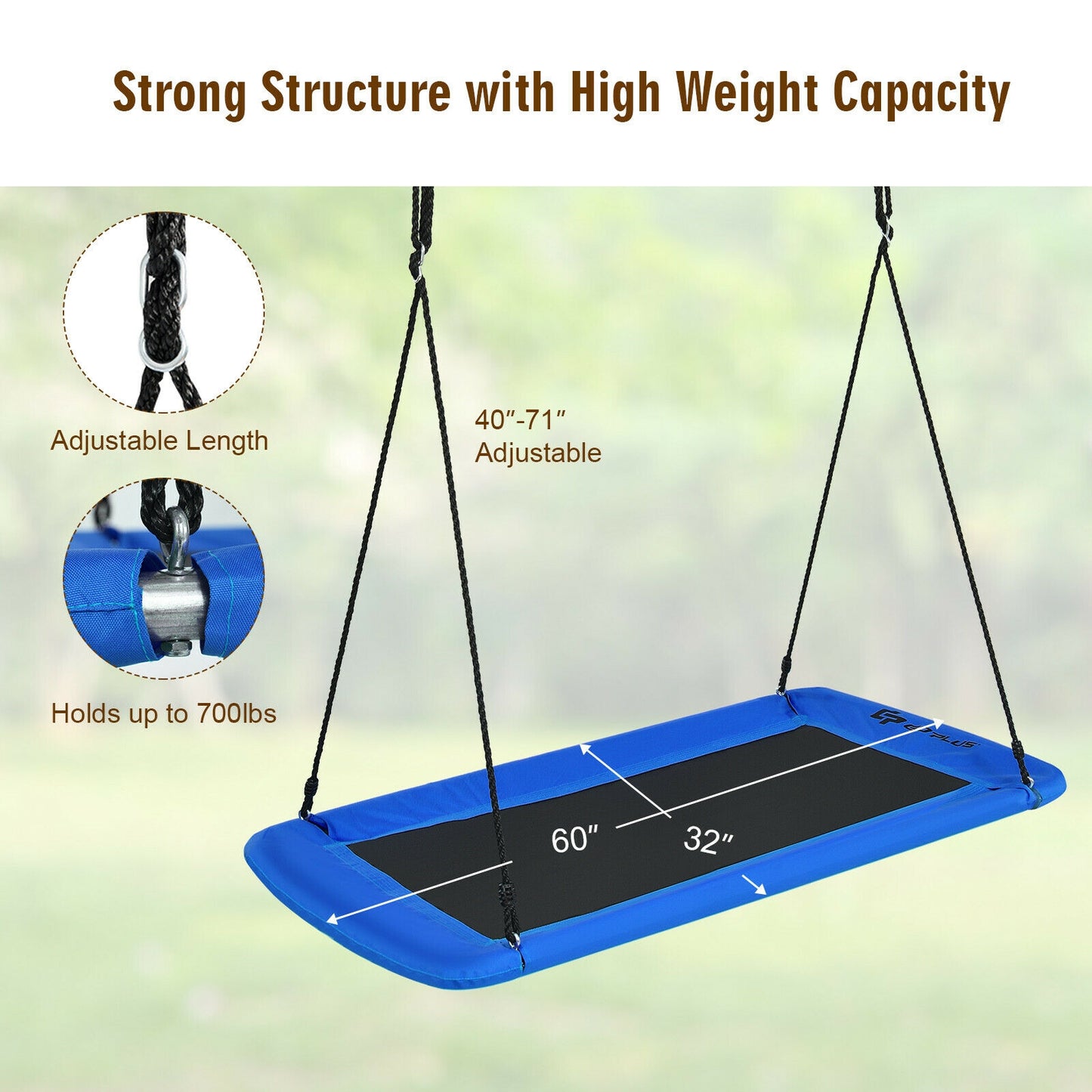 60 Inch Platform Tree Swing Outdoor with 2 Hanging Straps-Blue Kids Crystal