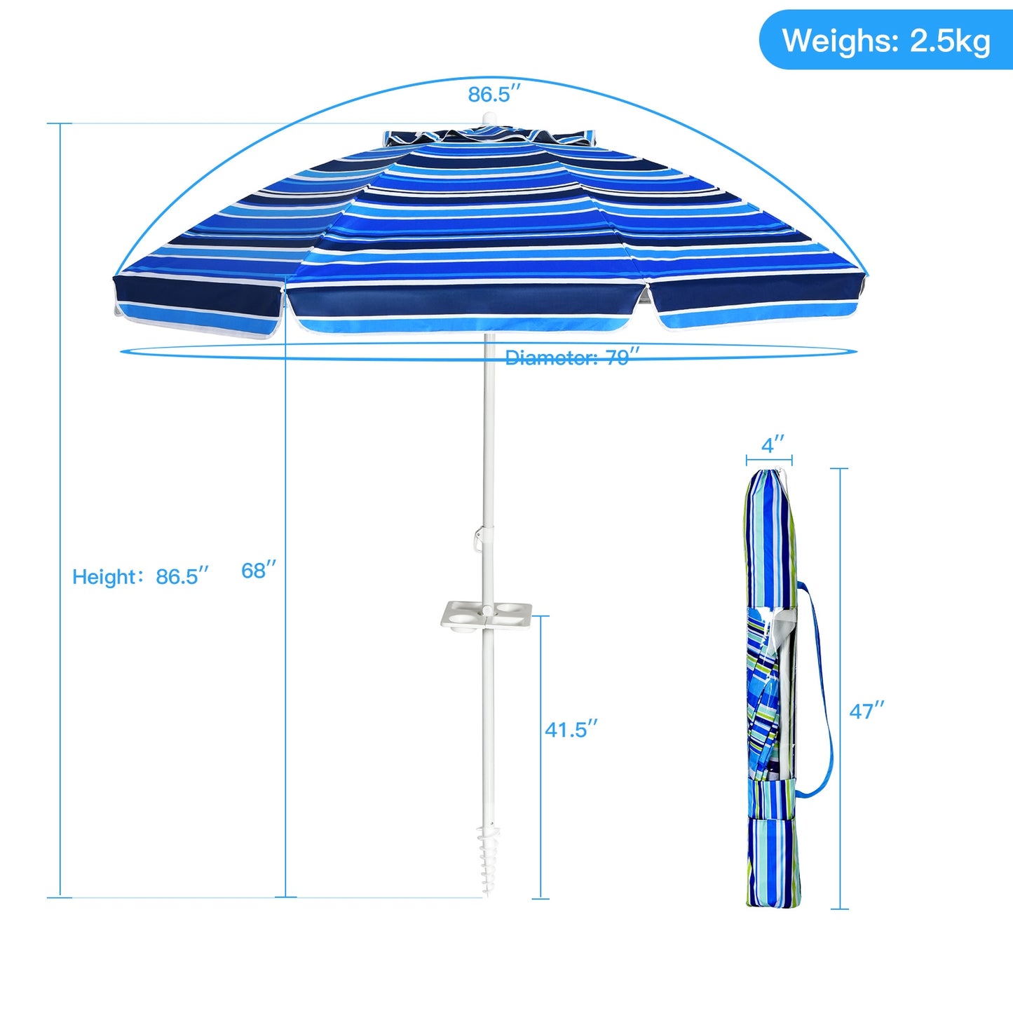 7.2 Feet Portable Outdoor Beach Umbrella with Sand Anchor and Tilt Mechanism for Poolside and Garden-Navy Kids Crystal