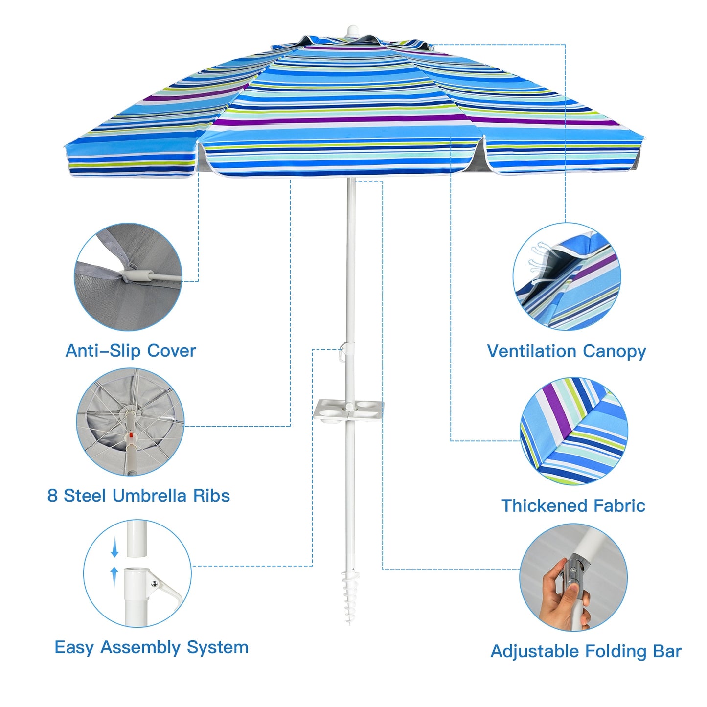 7.2 Feet Portable Outdoor Beach Umbrella with Sand Anchor and Tilt Mechanism-Blue Kids Crystal