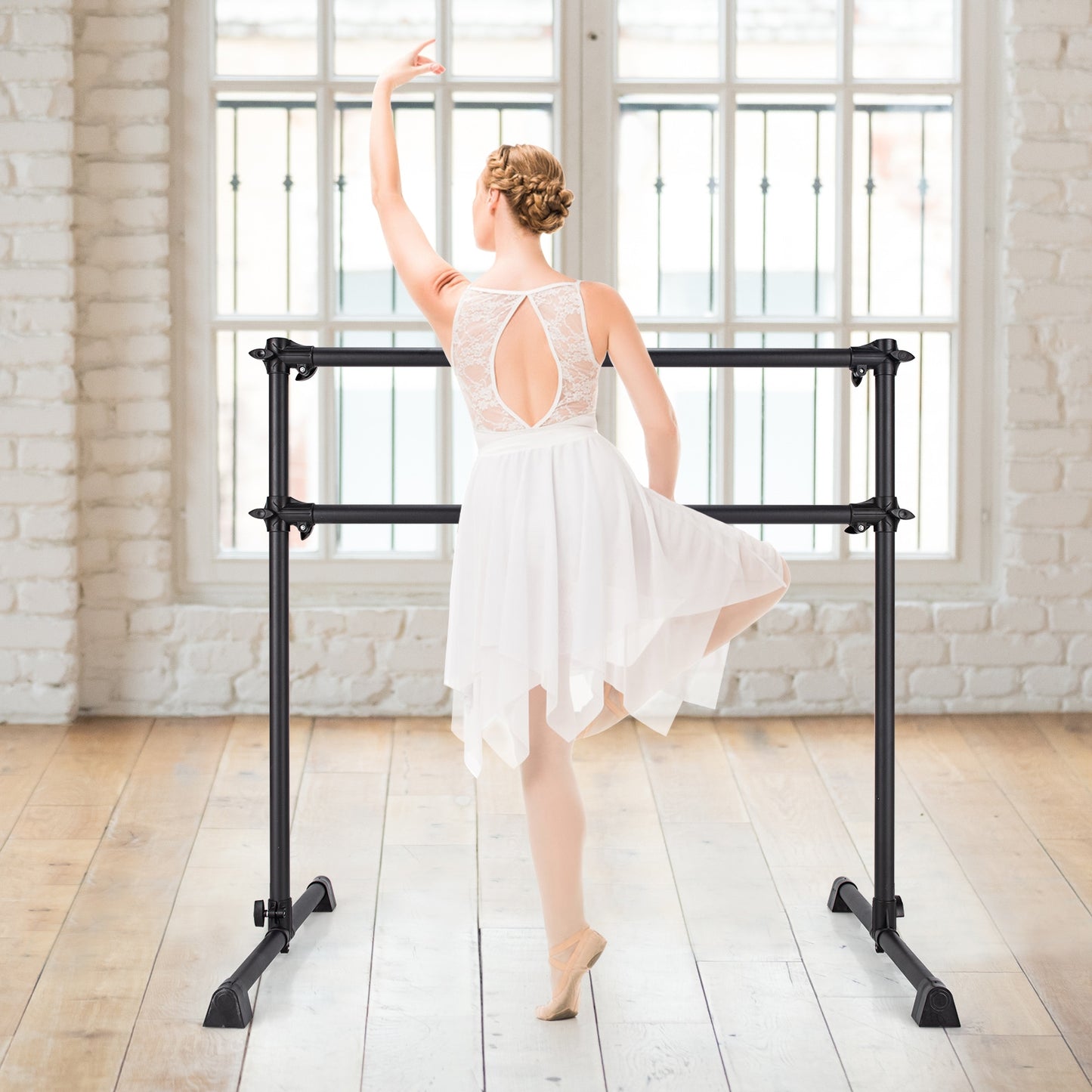 4 Feet Portable Double Freestanding Barre Dancing Stretching-Black Kids Crystal