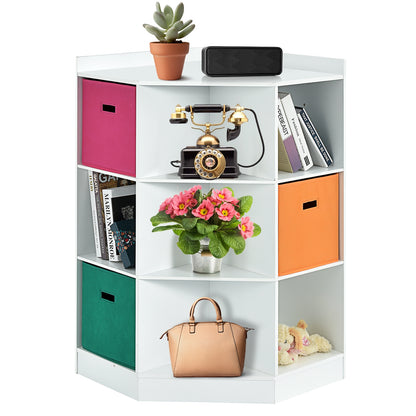 3-Tier 9-Cubby Kids Storage Shelf Corner Cabinet with 3 Baskets-White
