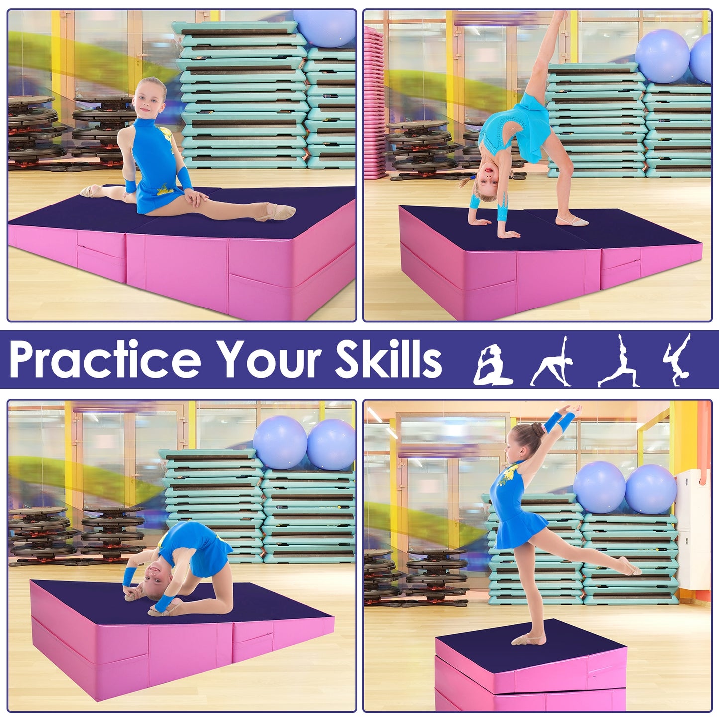 Incline Gymnastic Pad Folding Wedge Ramp Gym Fitness Exercise Sport Tumbling Mat-Purple Kids Crystal