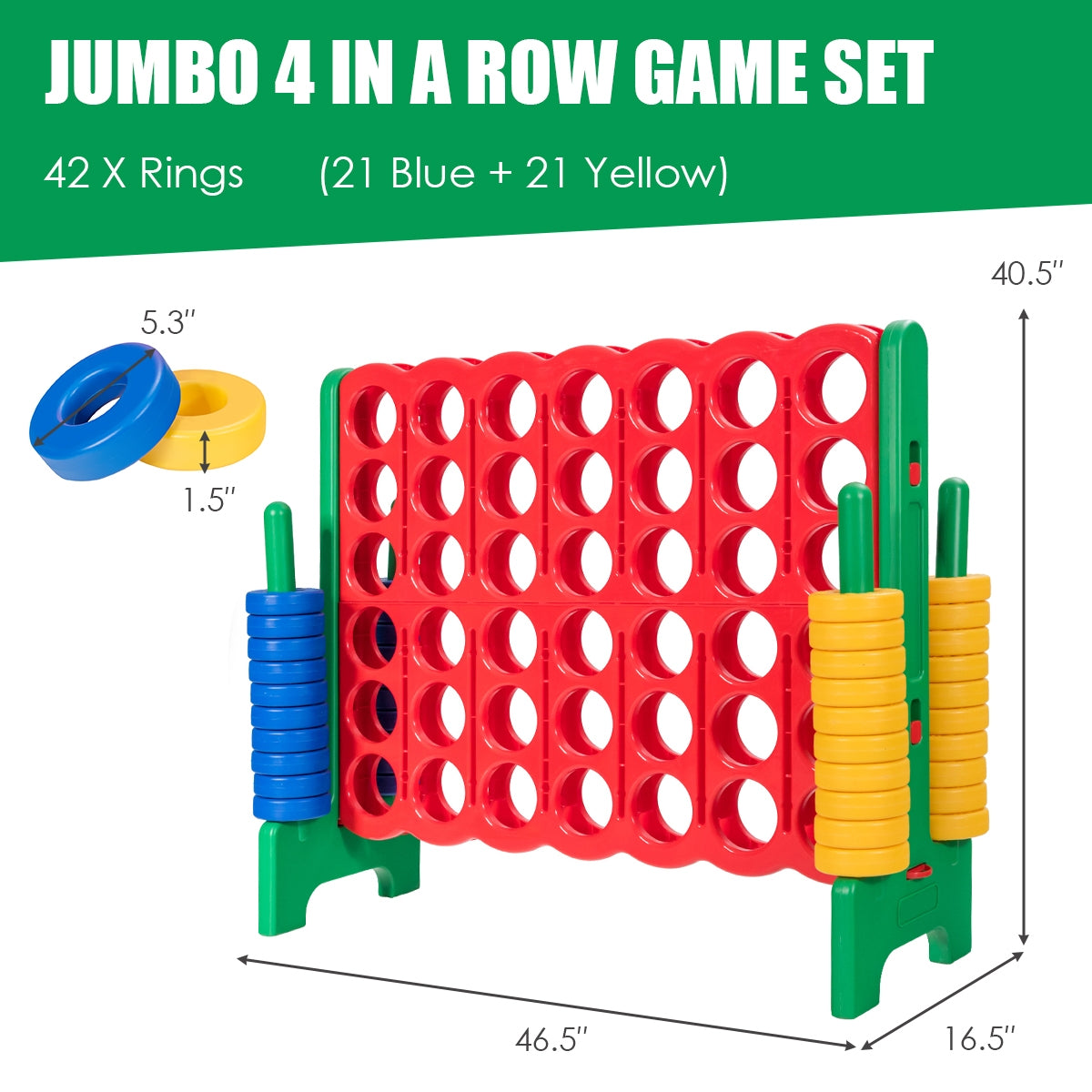 Jumbo 4-to-Score Giant Game Set with 42 Jumbo Rings and Quick-Release Slider-Green Kids Crystal