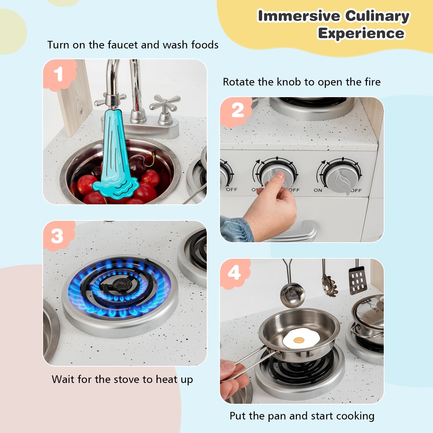 Vintage Play Kitchen Pretend Kids Cooking Playset Toys with Water Dispense Kids Crystal