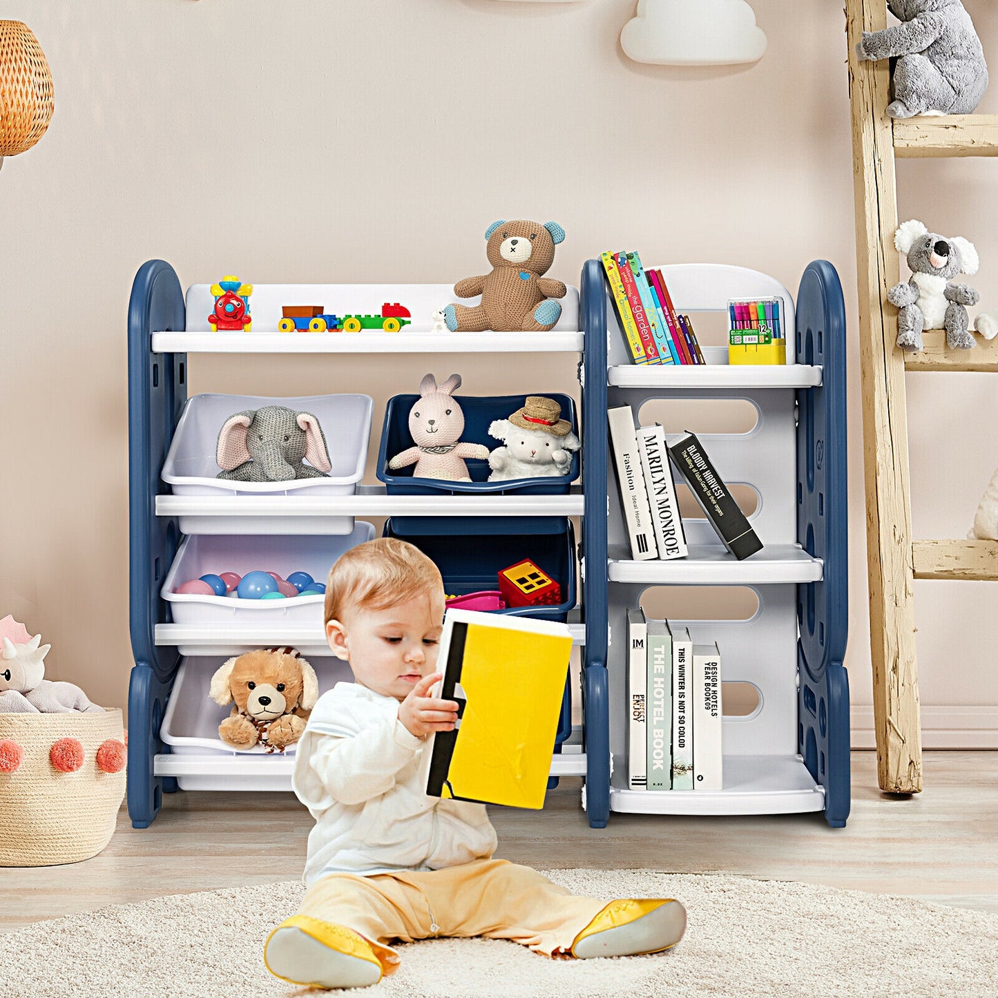 Kids Toy Storage Organizer with Bins and Multi-Layer Shelf for Bedroom Playroom-Blue Kids Crystal