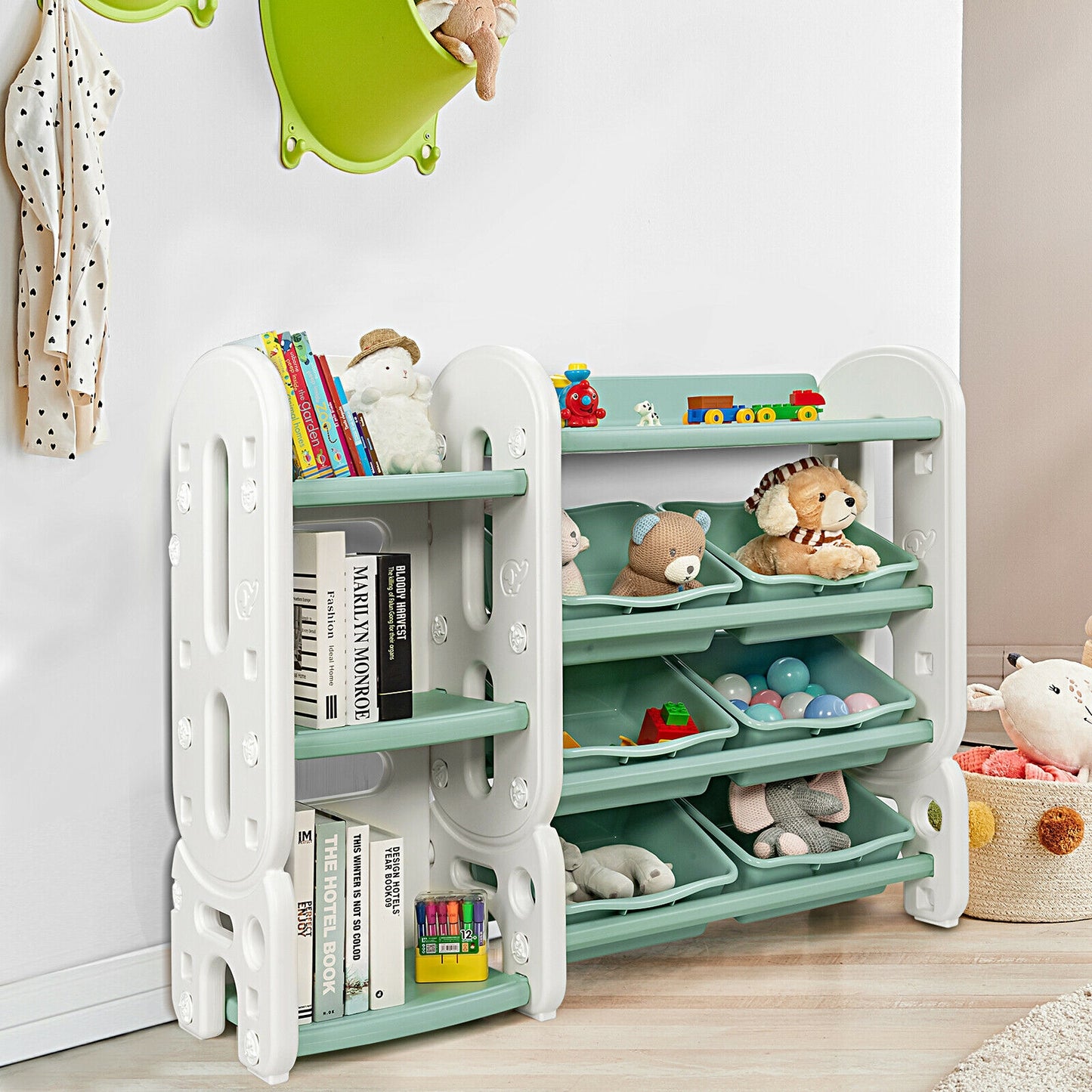 Kids Toy Storage Organizer with Bins and Multi-Layer Shelf for Bedroom Playroom-Green Kids Crystal