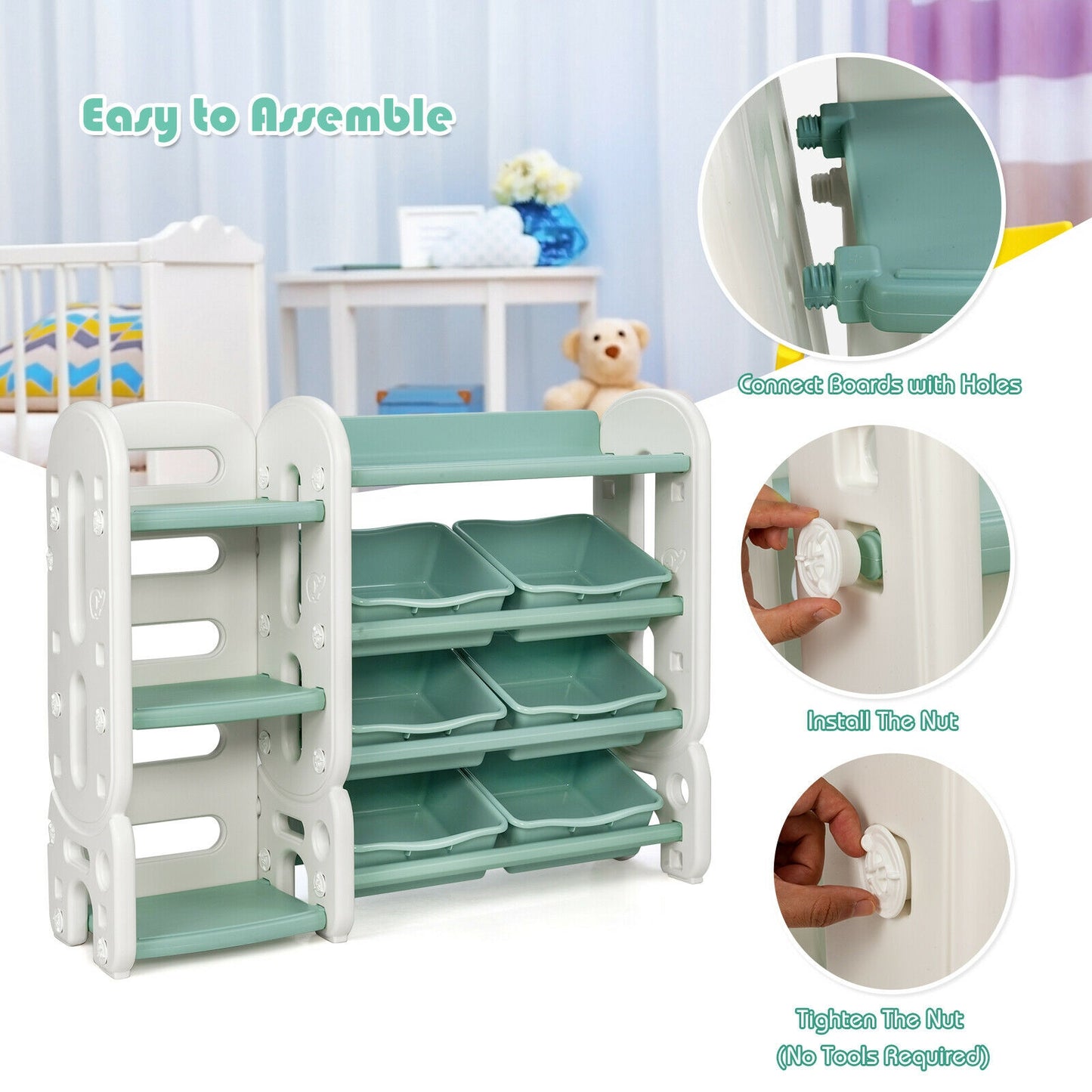 Kids Toy Storage Organizer with Bins and Multi-Layer Shelf for Bedroom Playroom-Green Kids Crystal