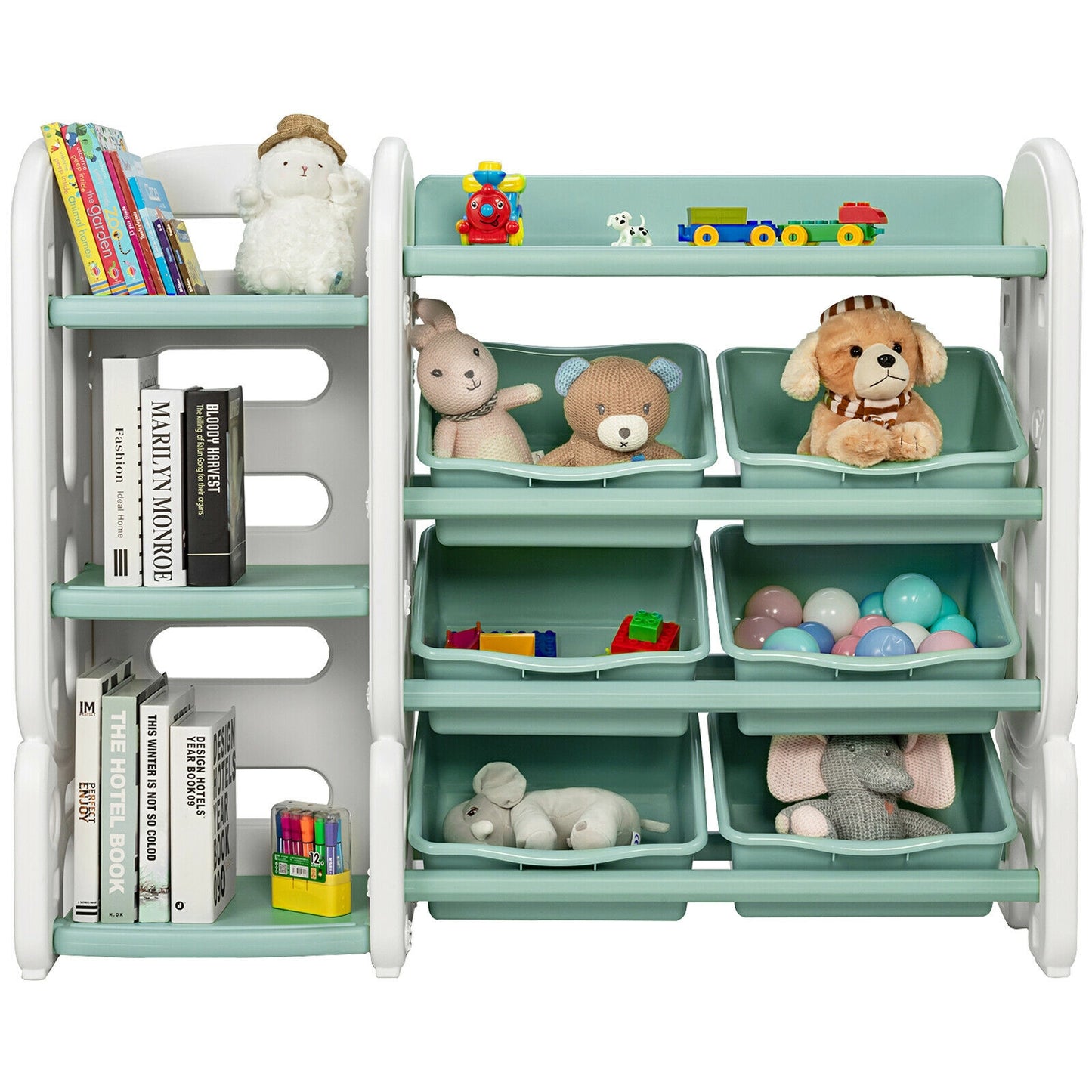 Kids Toy Storage Organizer with Bins and Multi-Layer Shelf for Bedroom Playroom-Green Kids Crystal