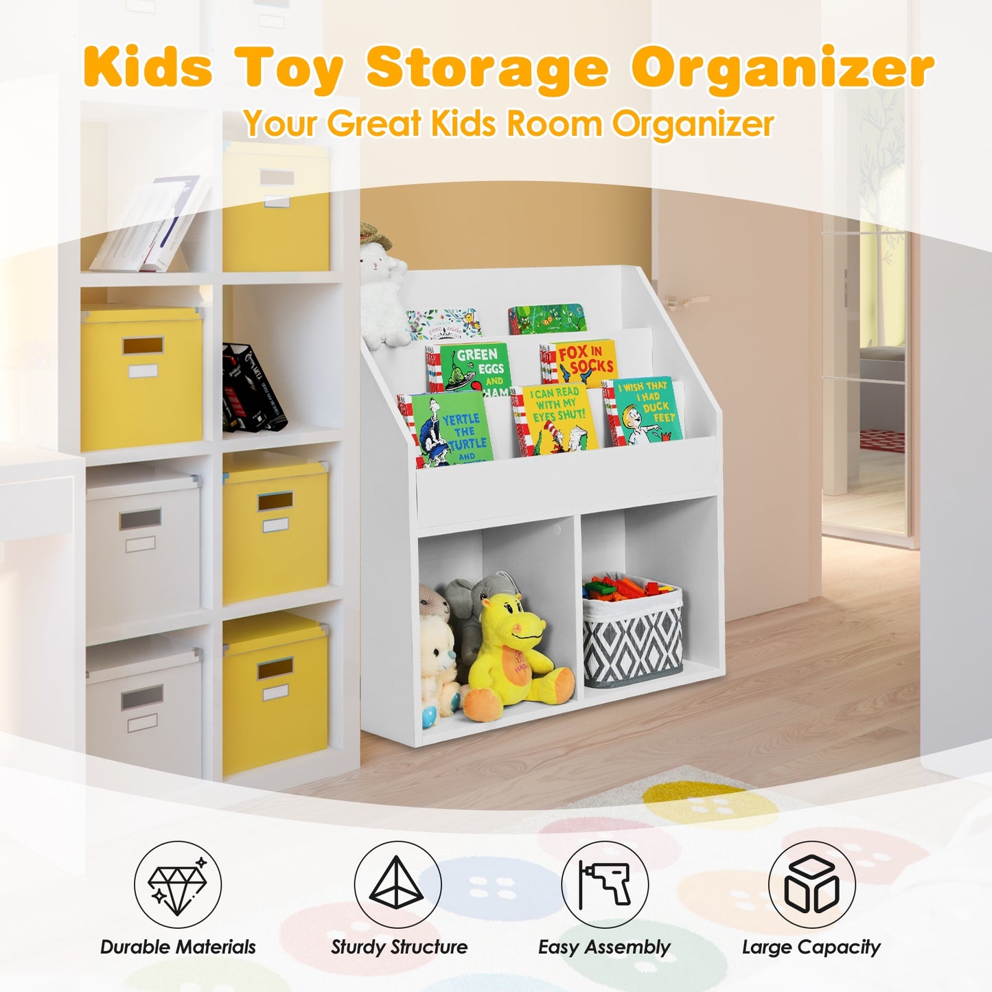 Kids Wooden Bookshelf Bookcase Children Toy Storage Cabinet Organizer White Kids Crystal
