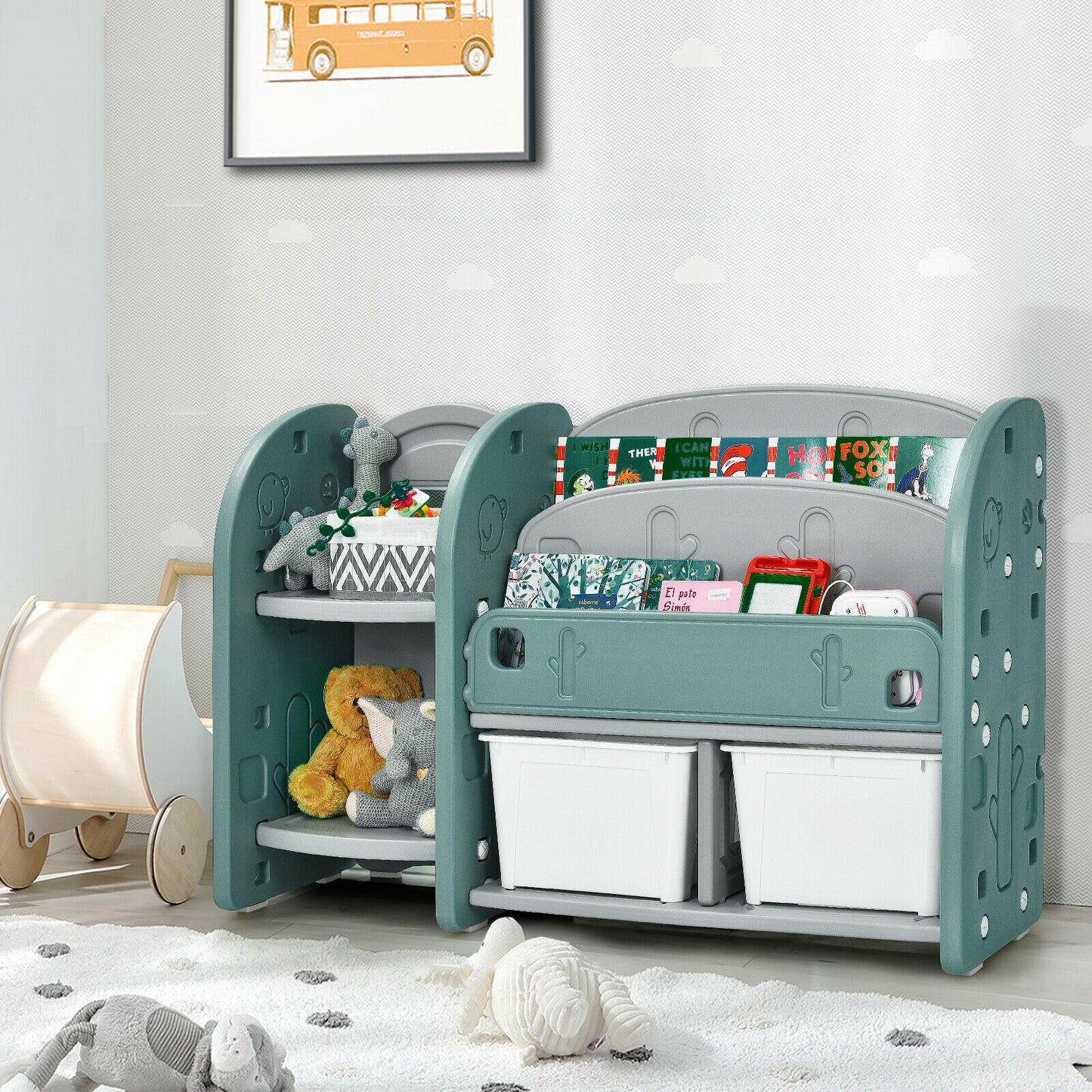 Kids Toy Storage Organizer with 2-Tier Bookshelf and Plastic Bins Kids Crystal