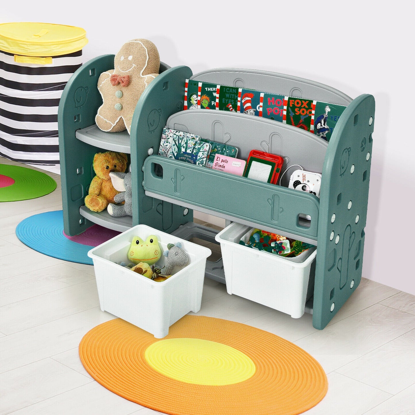 Kids Toy Storage Organizer with 2-Tier Bookshelf and Plastic Bins Kids Crystal