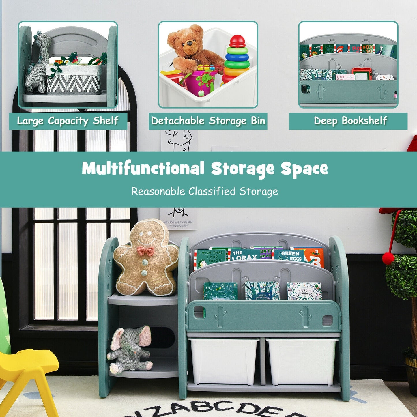 Kids Toy Storage Organizer with 2-Tier Bookshelf and Plastic Bins Kids Crystal