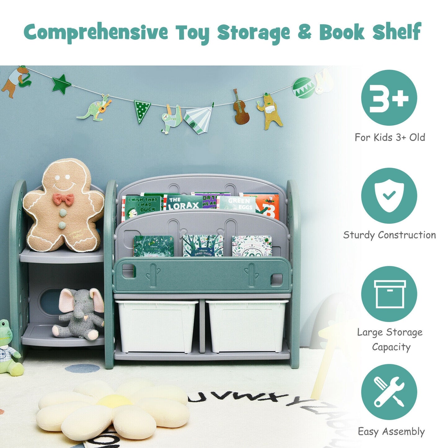 Kids Toy Storage Organizer with 2-Tier Bookshelf and Plastic Bins Kids Crystal