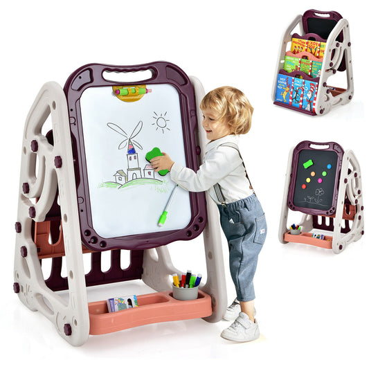 3-in-1 Kids Art Easel Double-Sided Tabletop Easel with Art Accessories-Red Kids Crystal