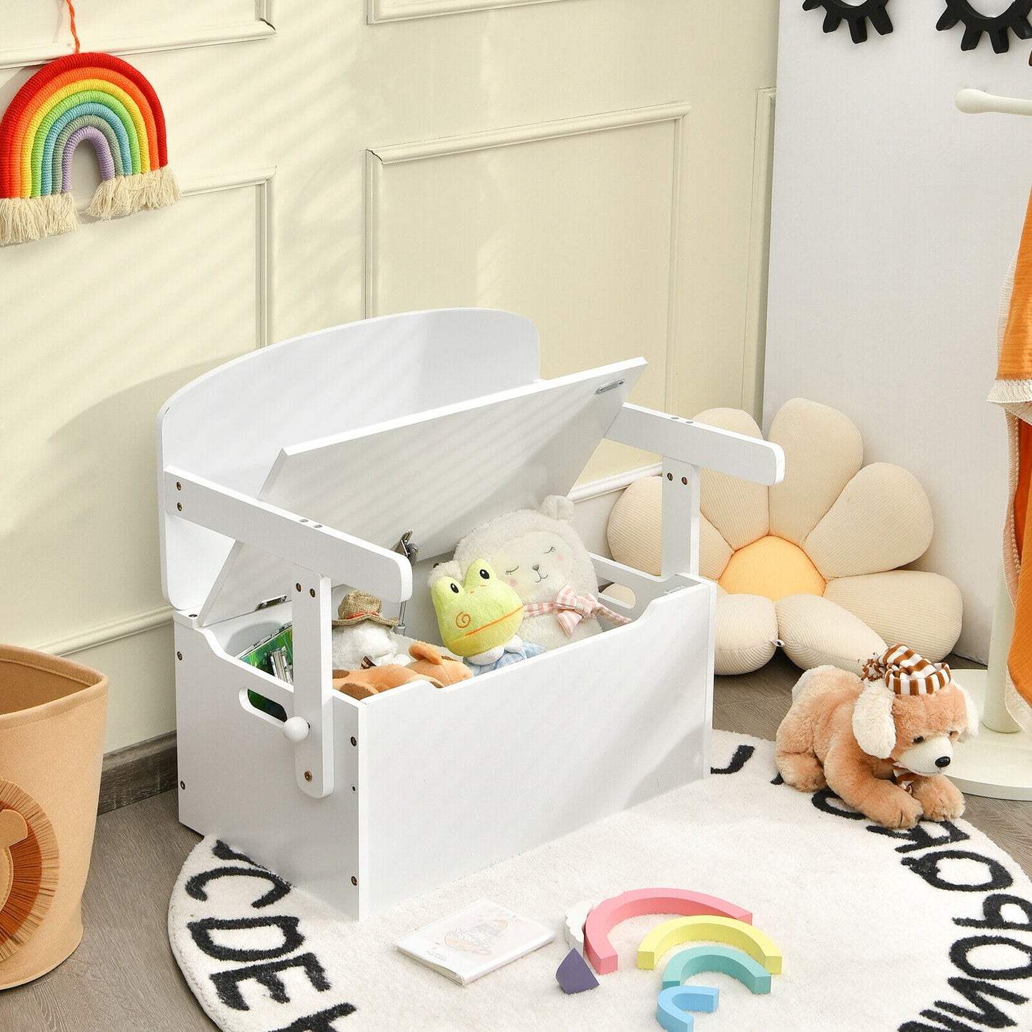 3-in-1 Kids Convertible Storage Bench Wood Activity Table and Chair Set-White Kids Crystal