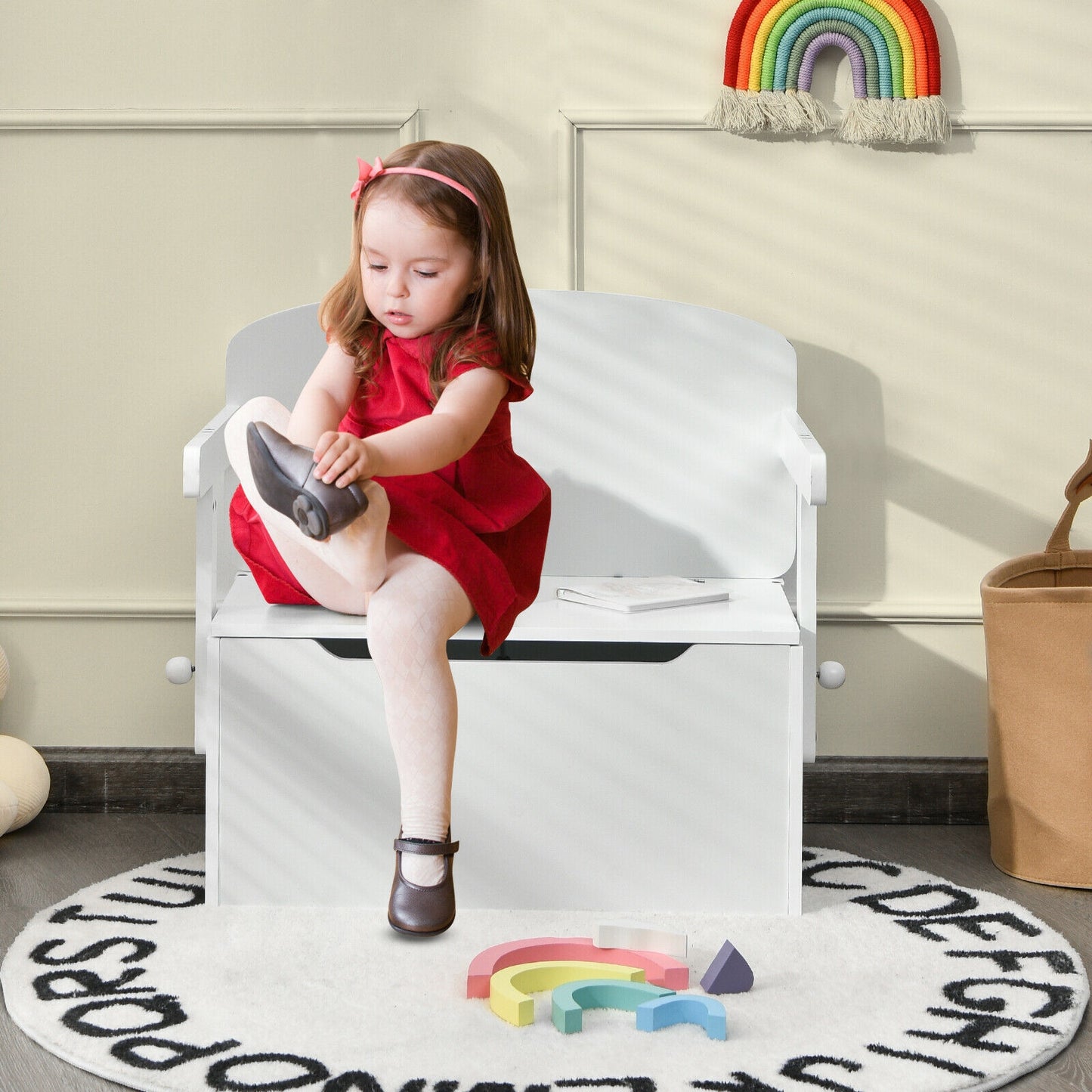 3-in-1 Kids Convertible Storage Bench Wood Activity Table and Chair Set-White Kids Crystal