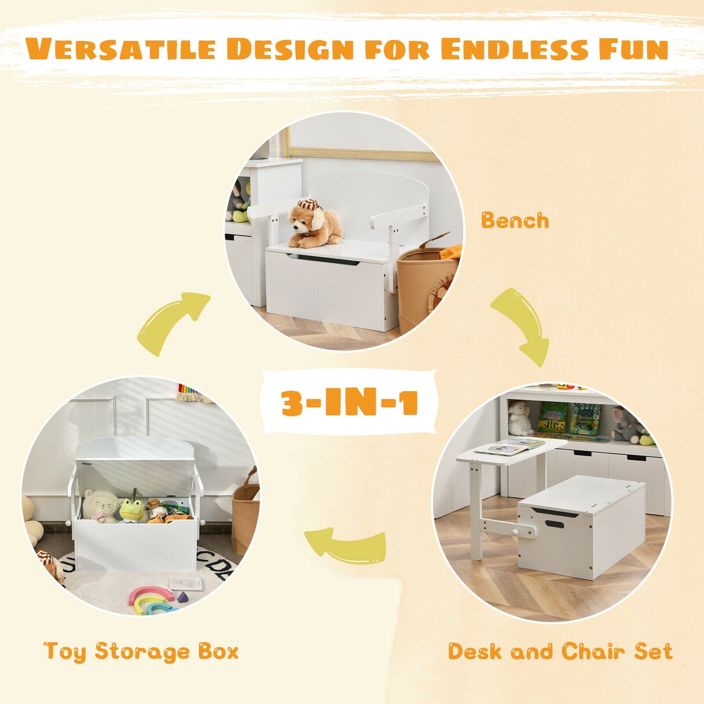 3-in-1 Kids Convertible Storage Bench Wood Activity Table and Chair Set-White Kids Crystal