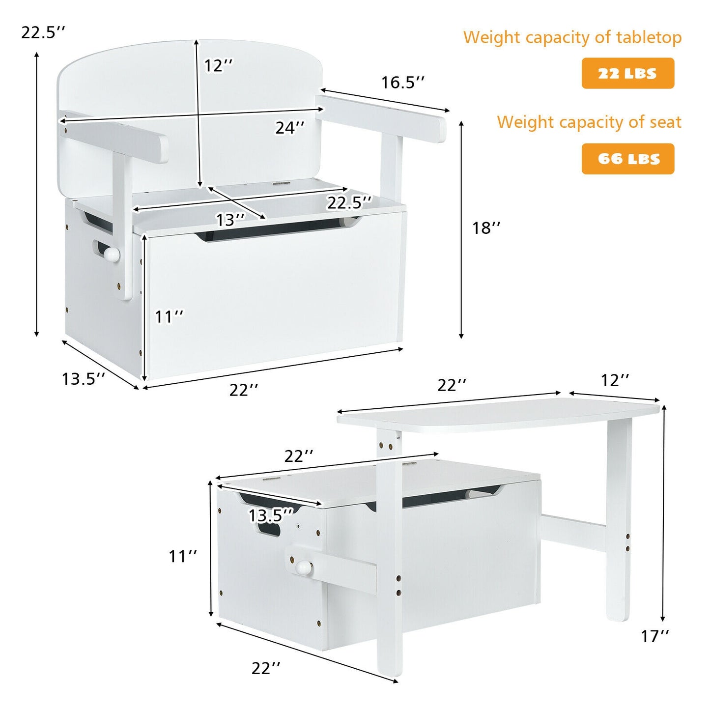 3-in-1 Kids Convertible Storage Bench Wood Activity Table and Chair Set-White Kids Crystal