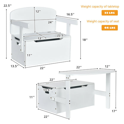 3-in-1 Kids Convertible Storage Bench Wood Activity Table and Chair Set-White