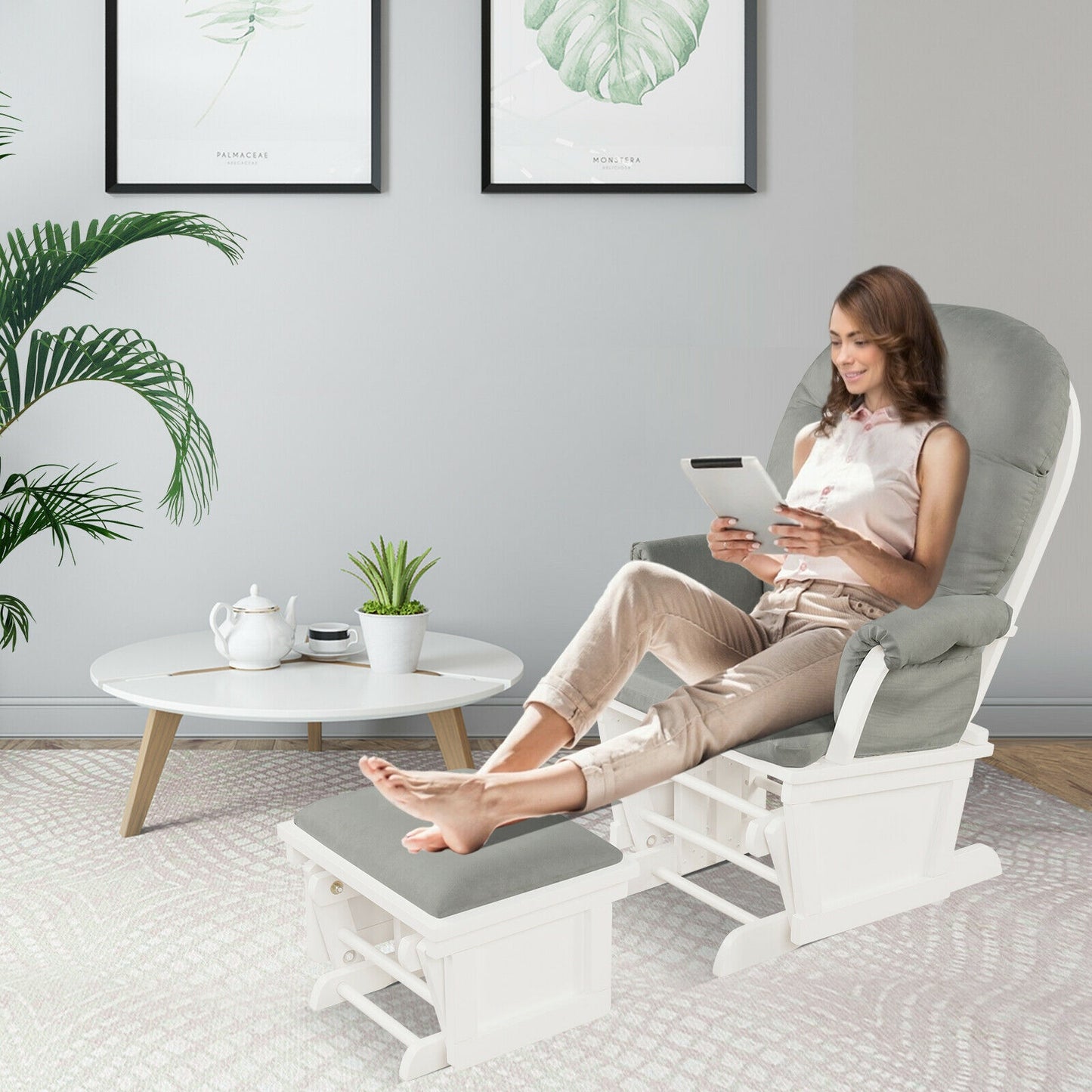 Wood Baby Glider and Ottoman Cushion Set with Padded Armrests-Light Gray