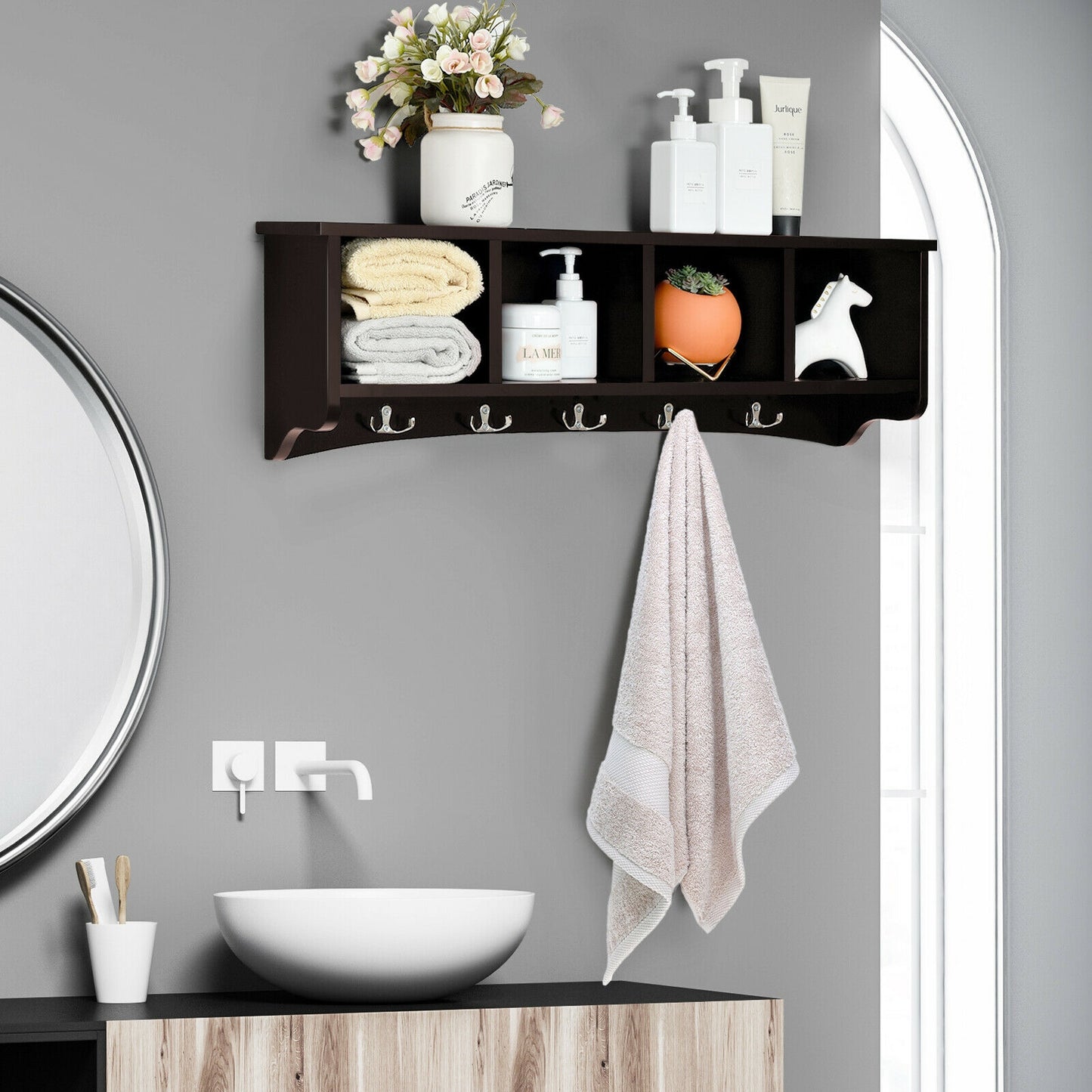 Hanging Entryway Shelf Coat Rack Wall Mounted Storage Cabinets-Brown Kids Crystal