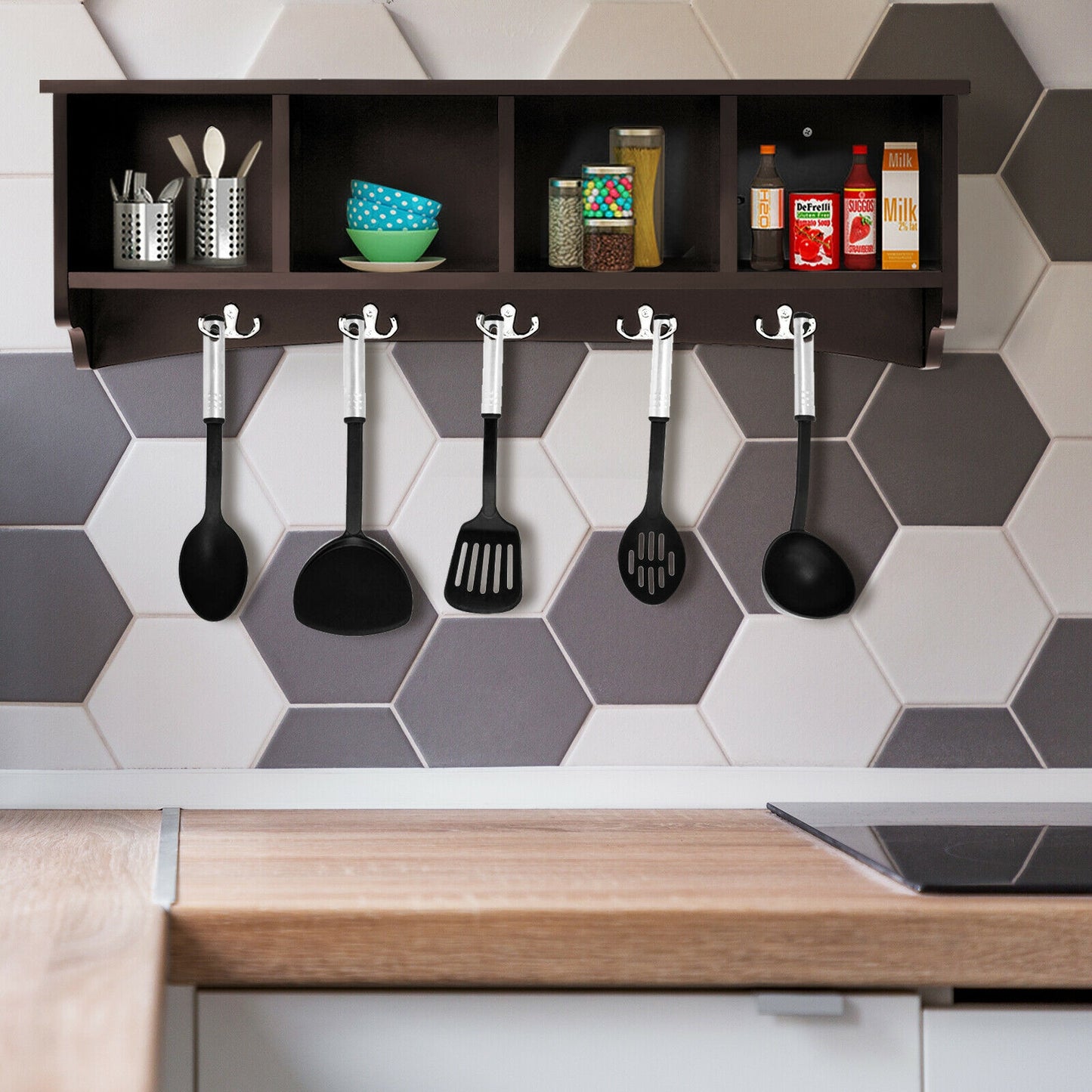 Hanging Entryway Shelf Coat Rack Wall Mounted Storage Cabinets-Brown Kids Crystal