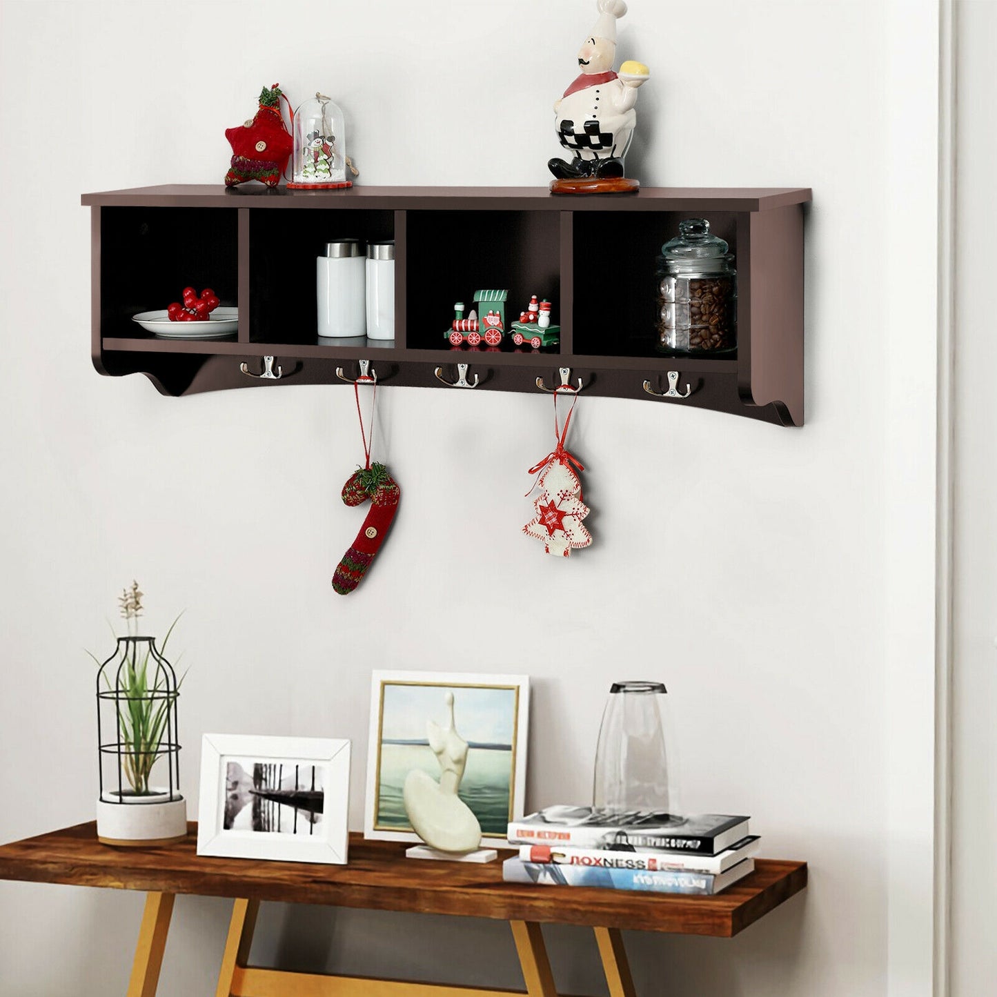 Hanging Entryway Shelf Coat Rack Wall Mounted Storage Cabinets-Brown Kids Crystal