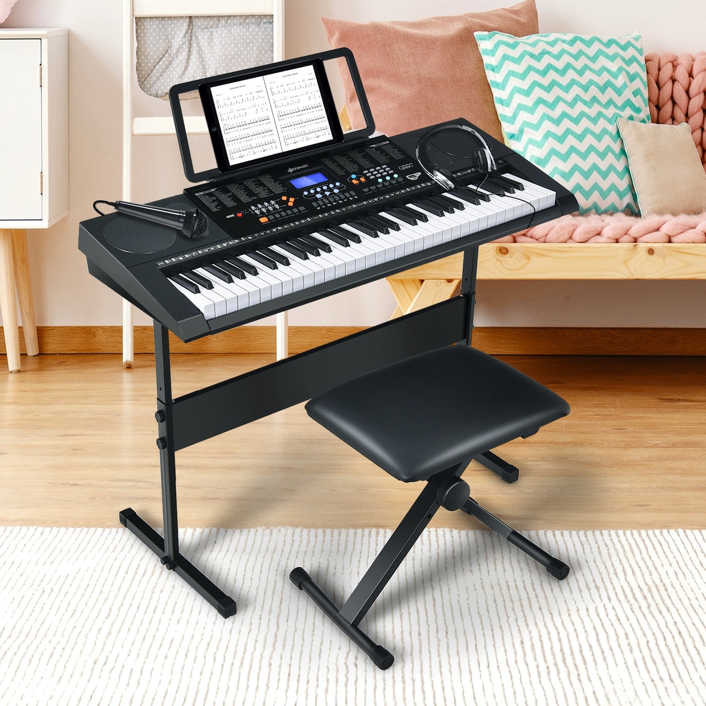 61-Key Electronic Keyboard Piano Set with Full Size Lighted Keys Kids Crystal