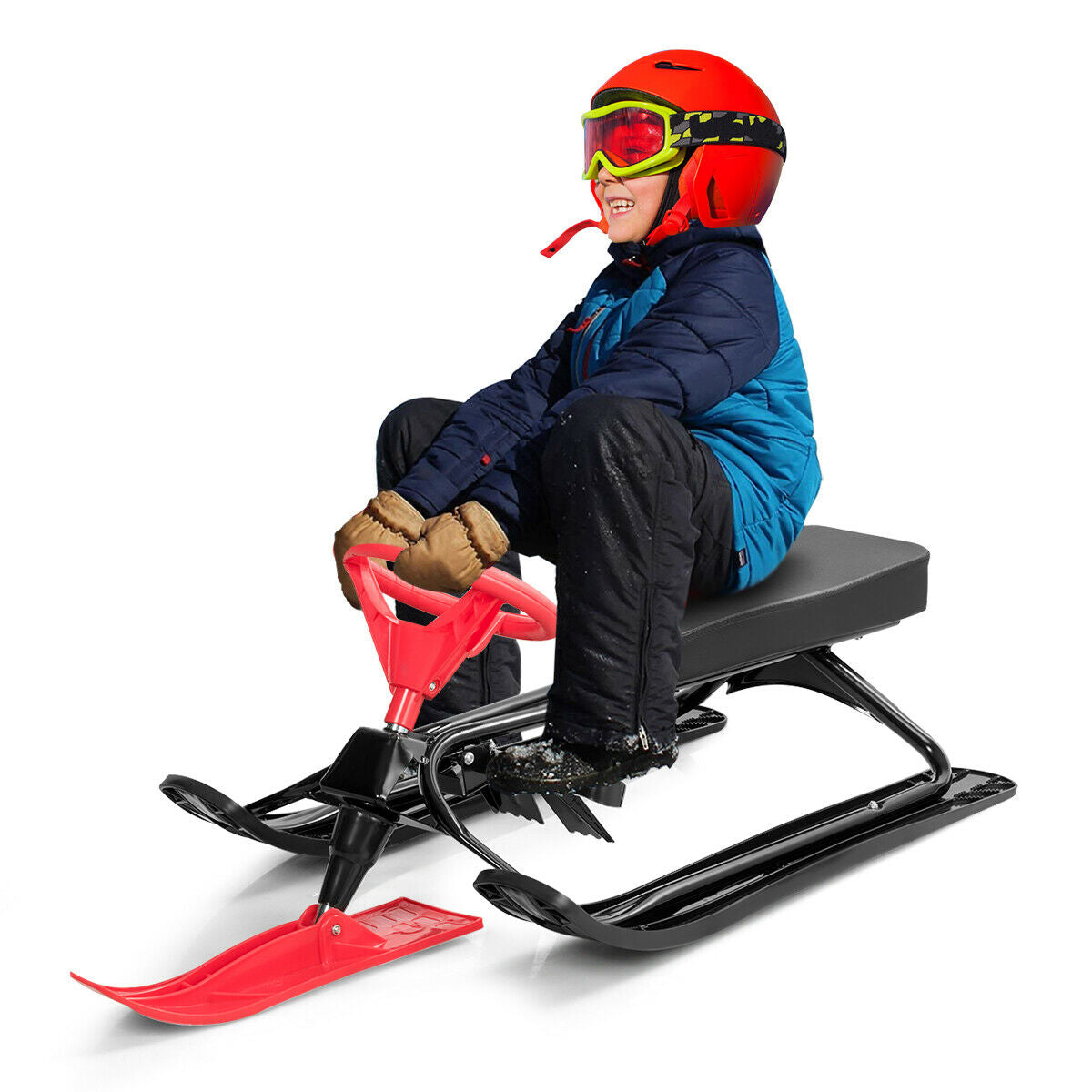 Kids Snow Sand Grass Sled w/ Steering Wheel and Brakes-Red Kids Crystal