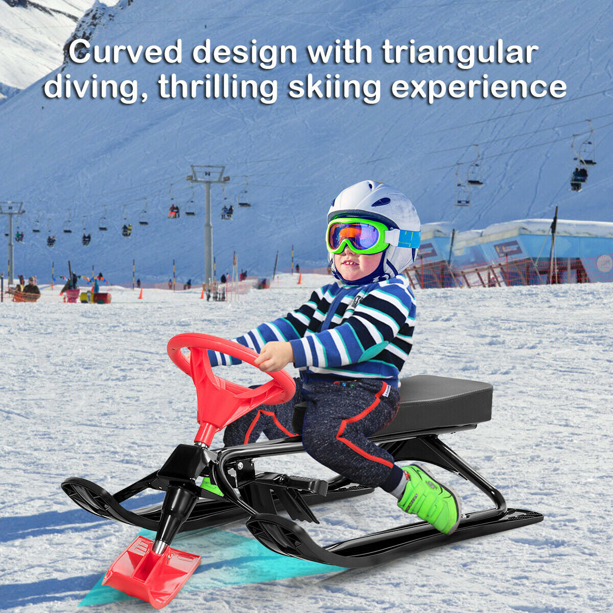 Kids Snow Sand Grass Sled w/ Steering Wheel and Brakes-Red Kids Crystal