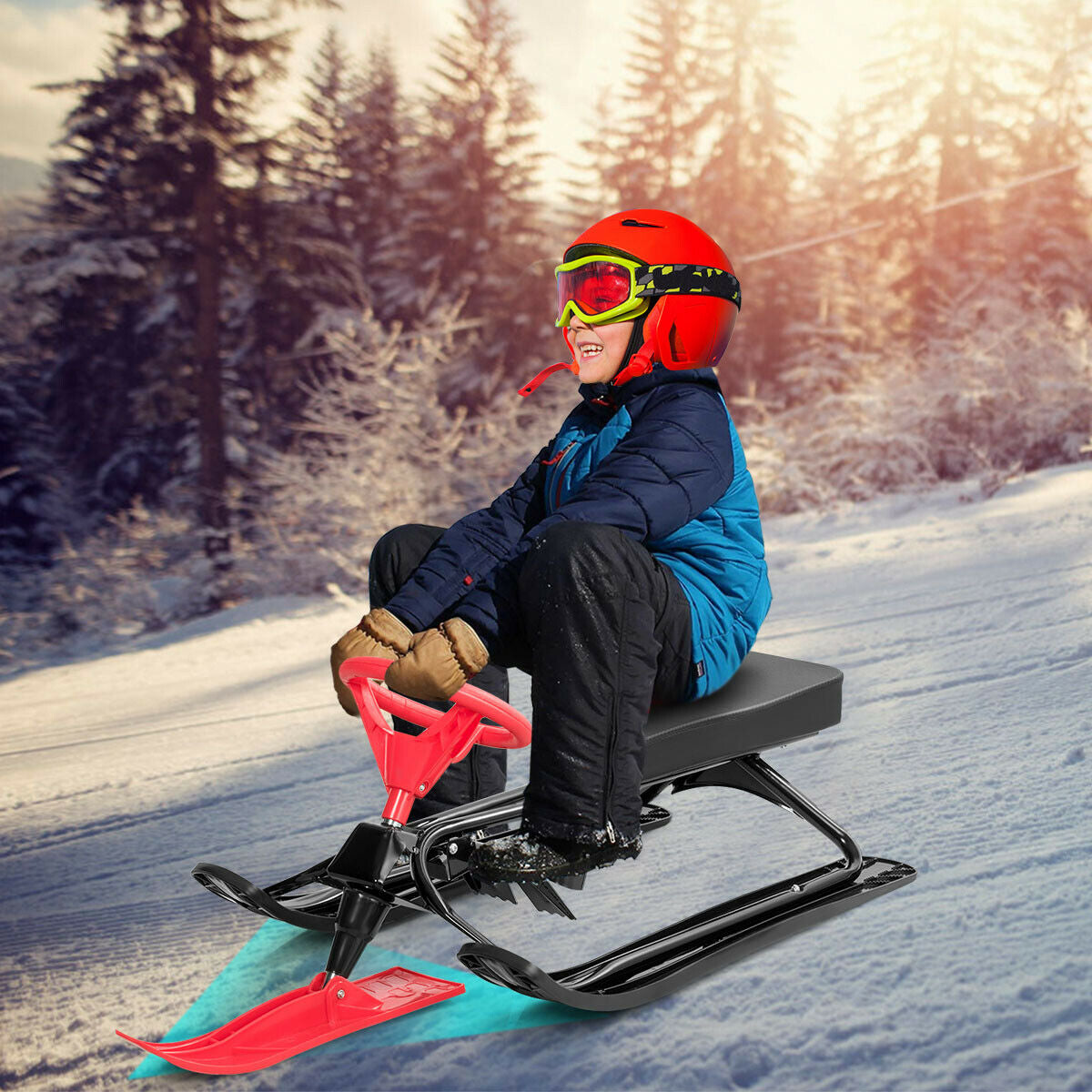 Kids Snow Sand Grass Sled w/ Steering Wheel and Brakes-Red Kids Crystal