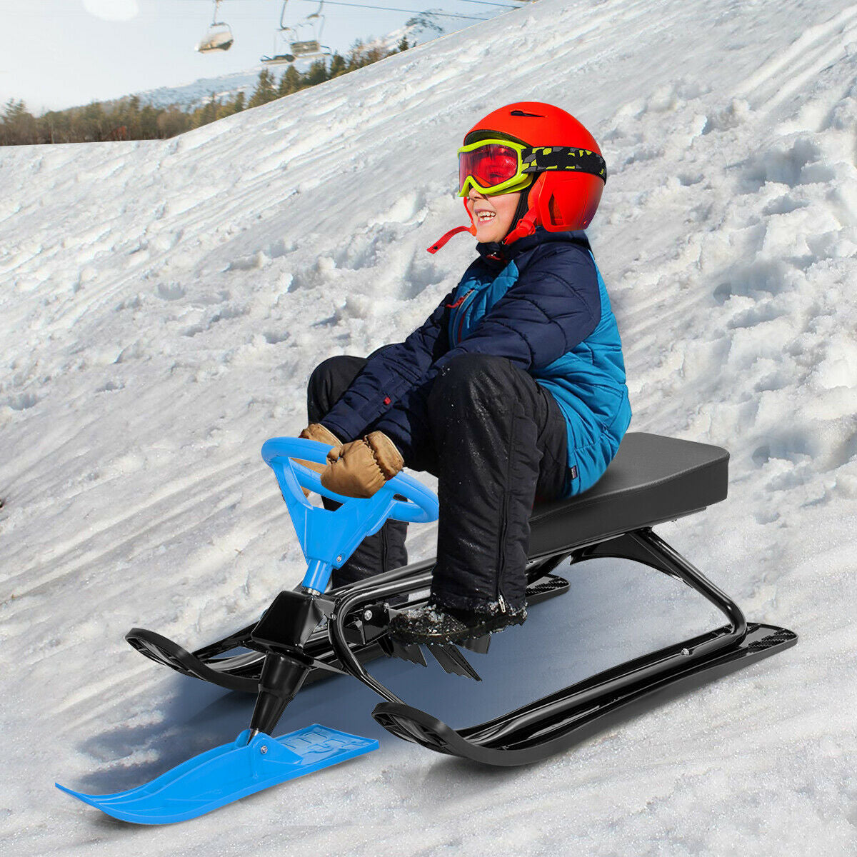 Kids Snow Sand Grass Sled with Steering Wheel and Brakes-Blue Kids Crystal