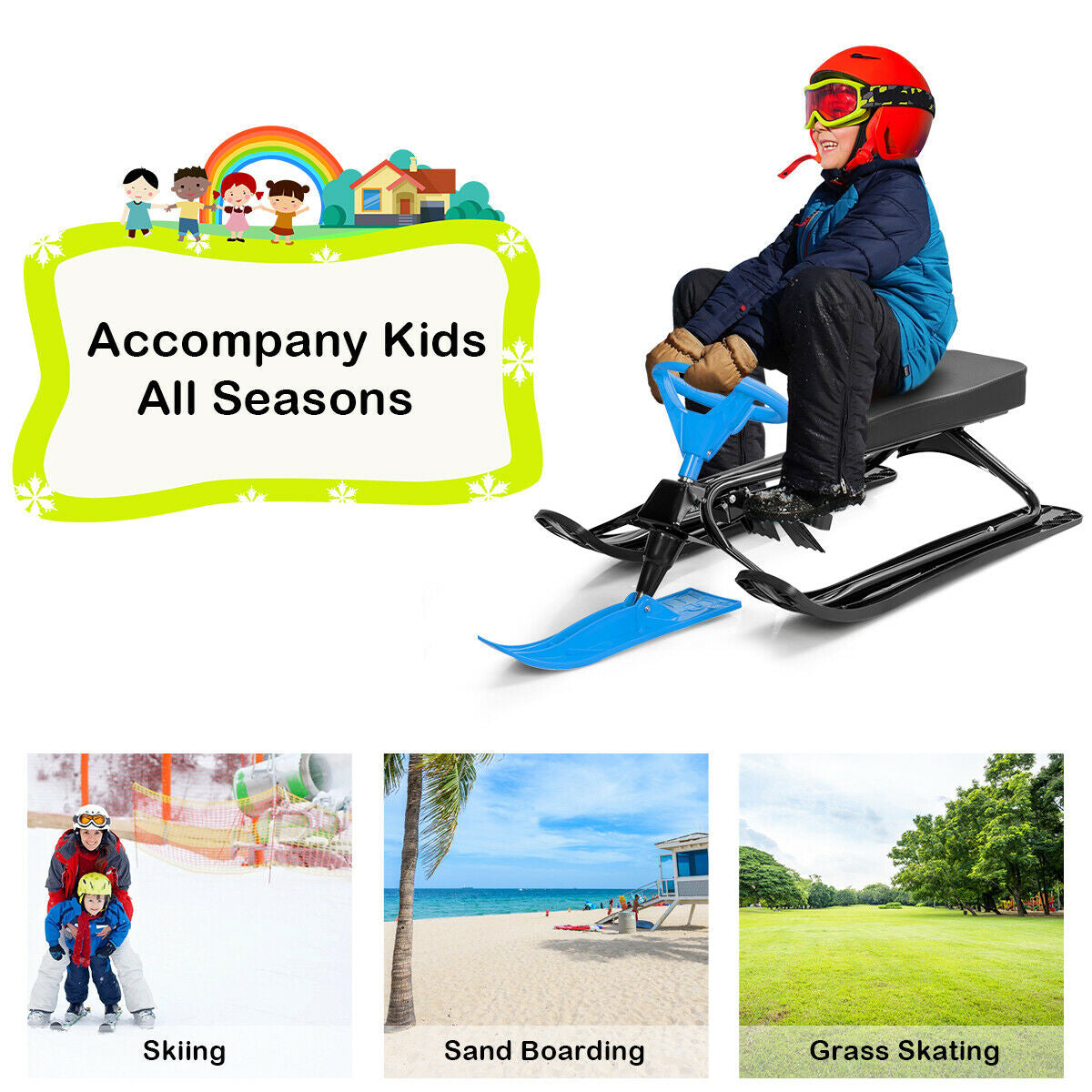 Kids Snow Sand Grass Sled with Steering Wheel and Brakes-Blue Kids Crystal