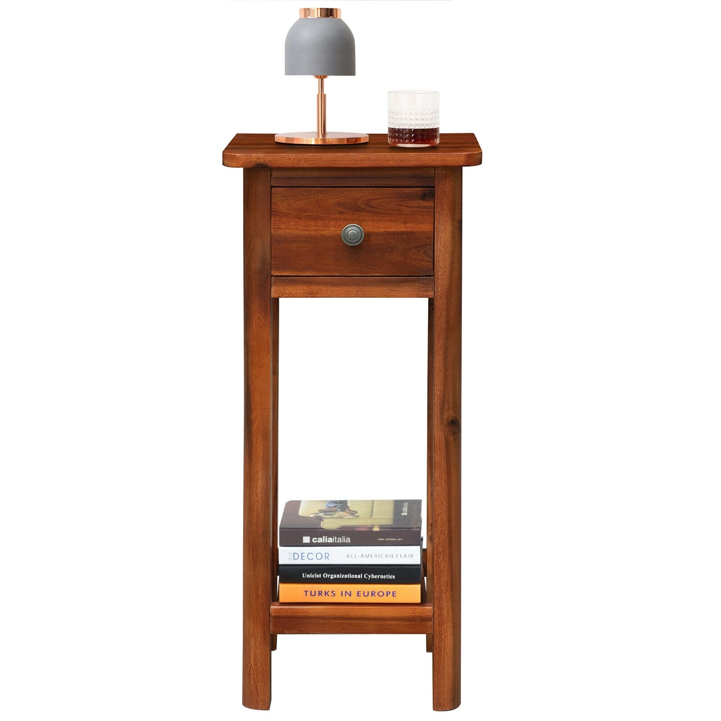 2 Tier End Bedside Table with Drawer Shelf-Brown Kids Crystal