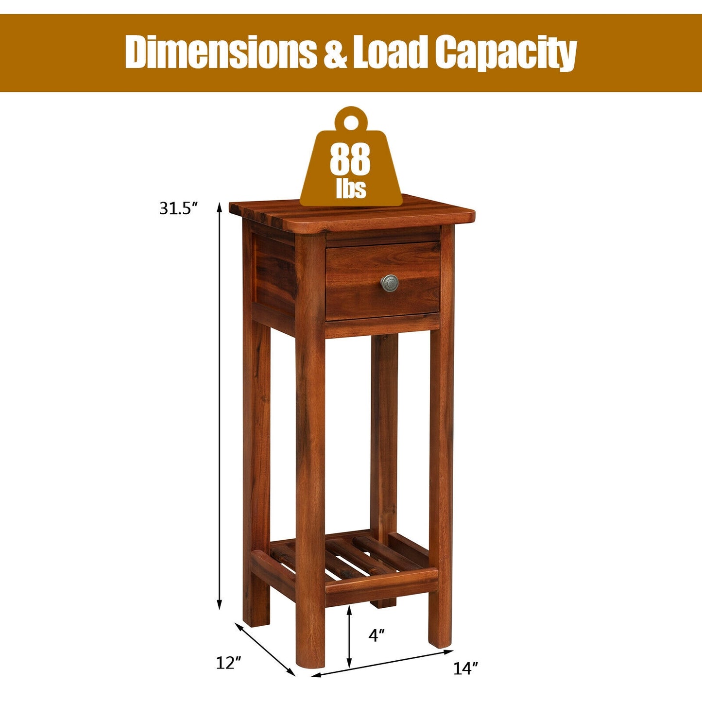 2 Tier End Bedside Table with Drawer Shelf-Brown Kids Crystal