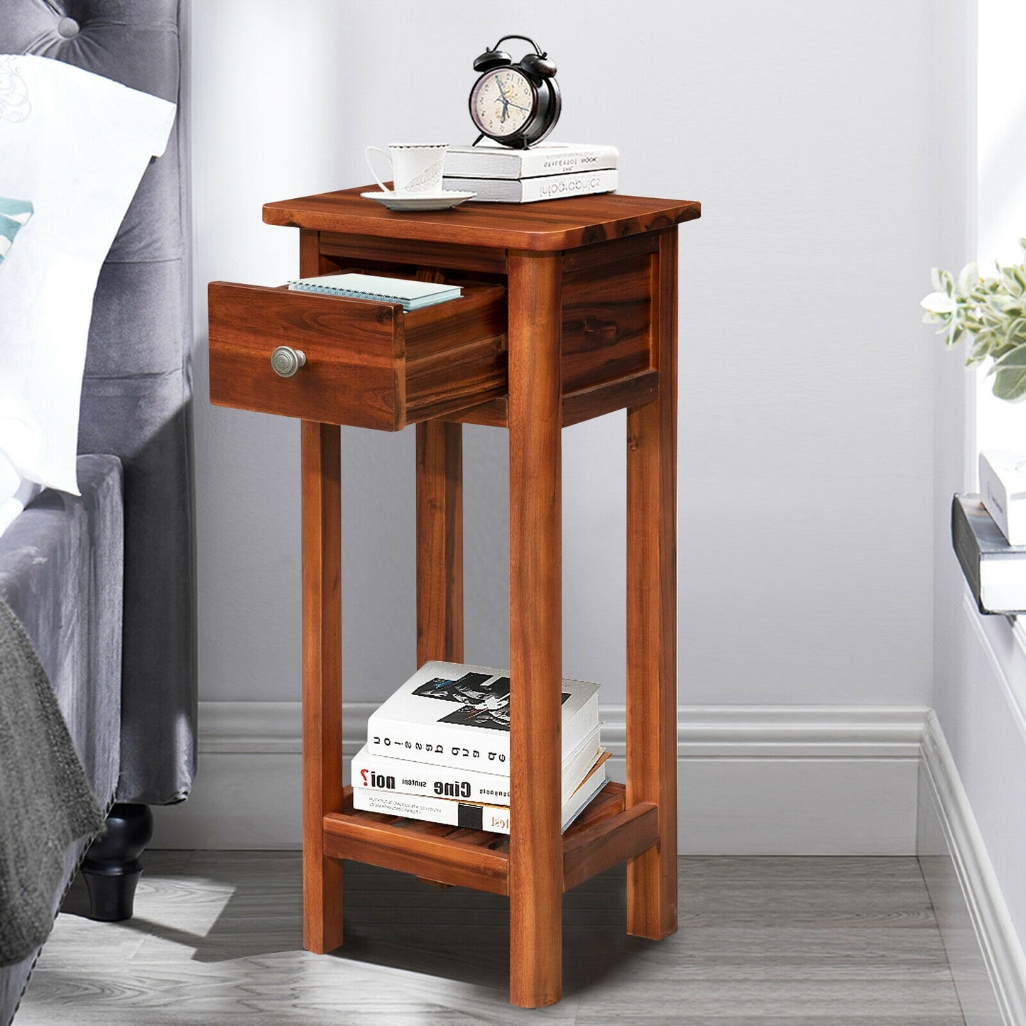2 Tier End Bedside Table with Drawer Shelf-Brown Kids Crystal
