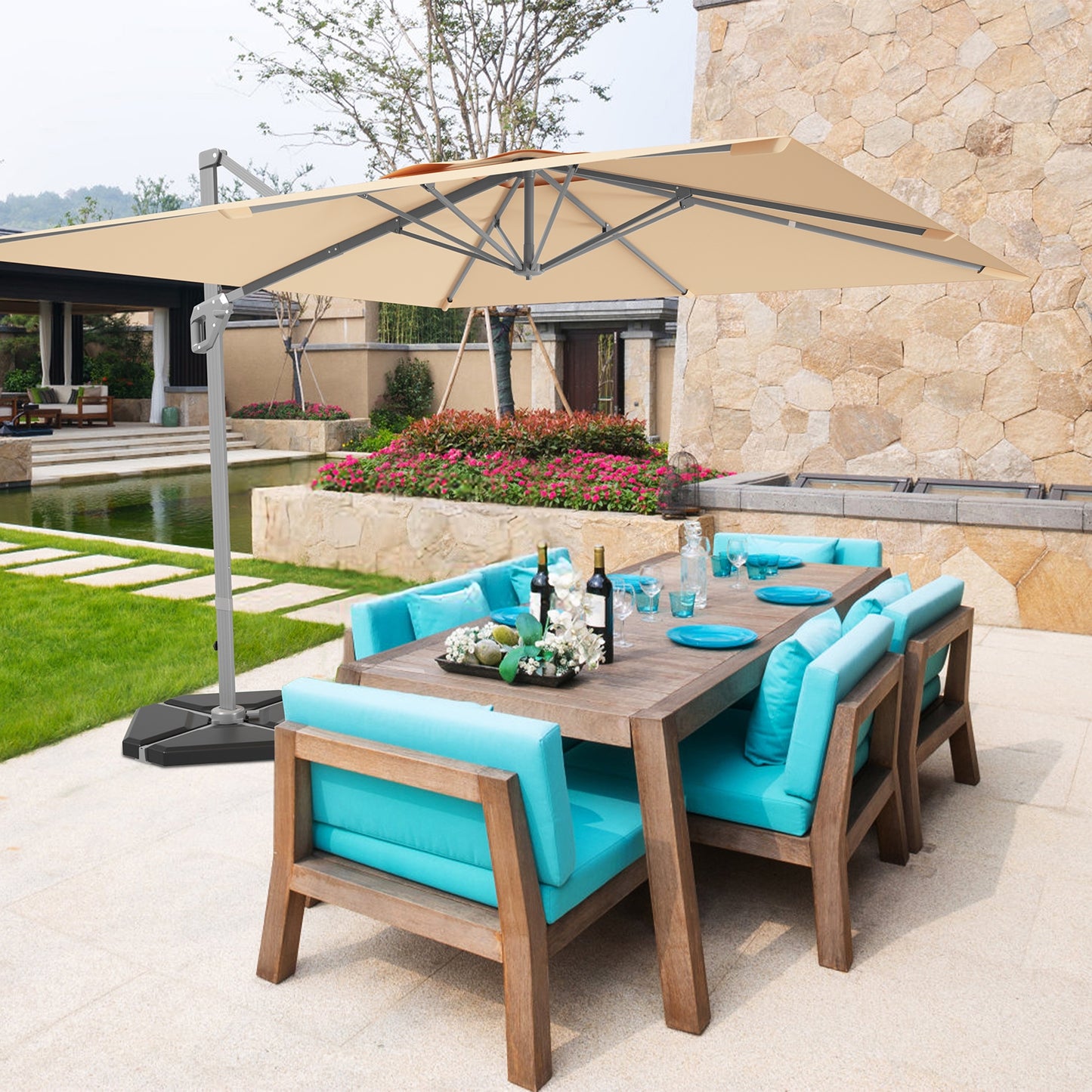 10 x 10 Feet Patio Offset Cantilever Umbrella with Aluminum 360-degree Rotation Tilt-Beige Kids Crystal