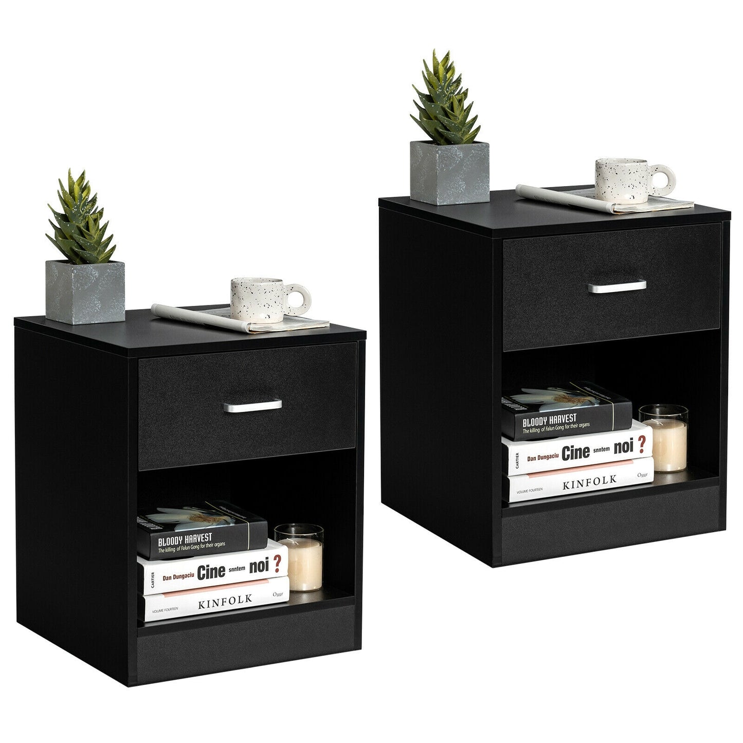 2 Pieces Nightstand with Storage Drawer and Cabinet-Black Kids Crystal