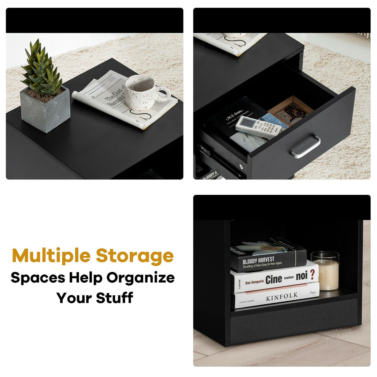 2 Pieces Nightstand with Storage Drawer and Cabinet-Black Kids Crystal