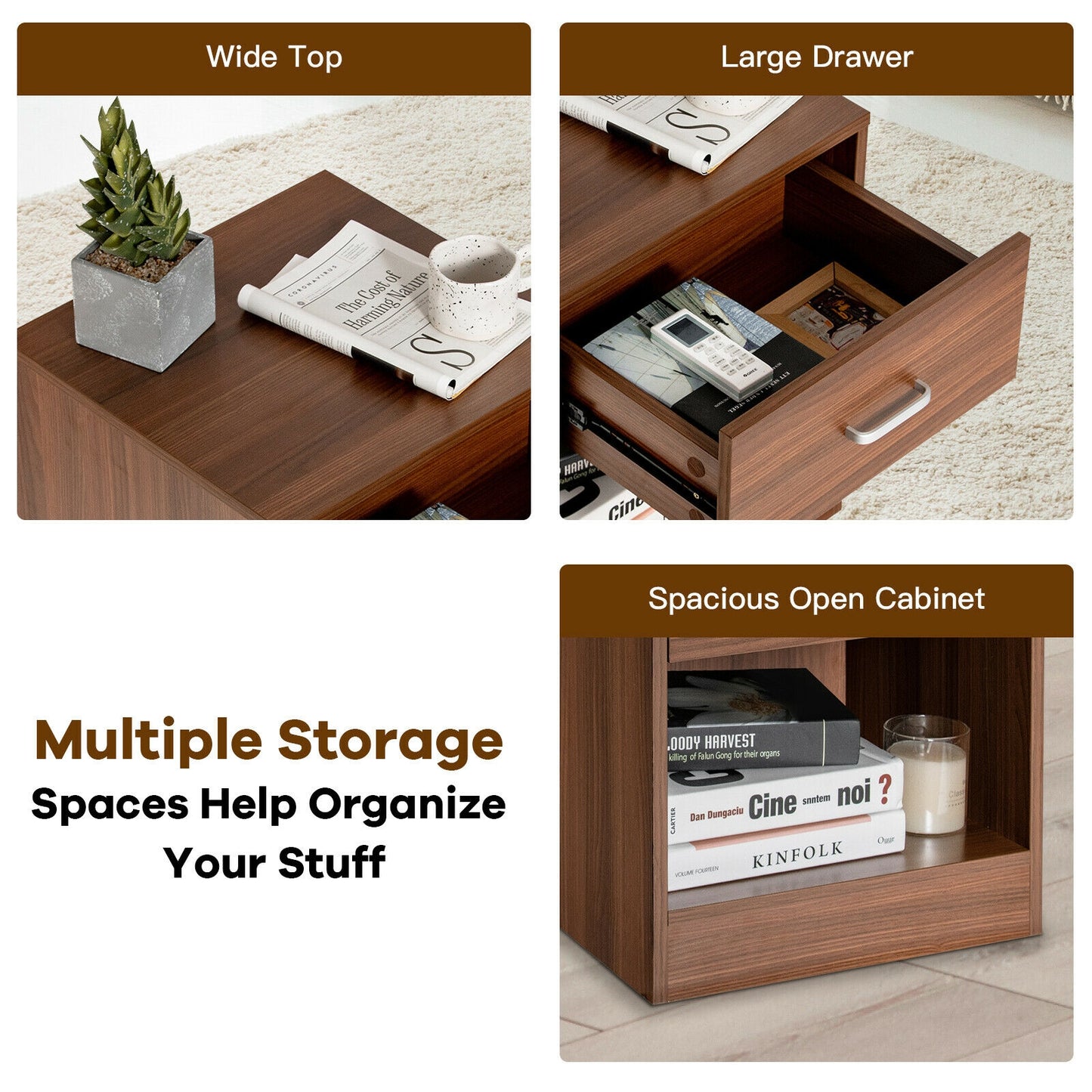 2 Pieces Nightstand with Storage Drawer and Cabinet-Brown Kids Crystal