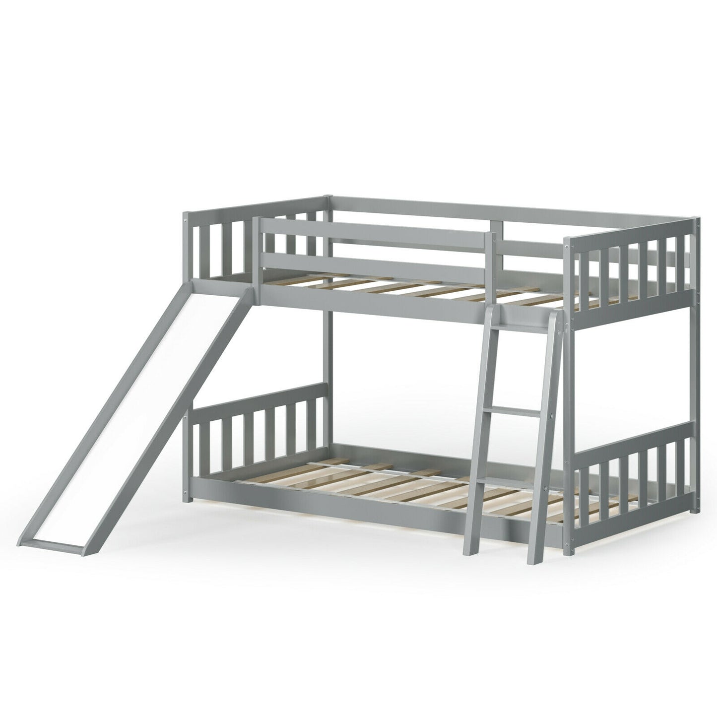 Twin over Twin Bunk Wooden Low Bed with Slide Ladder for Kids-Gray Kids Crystal