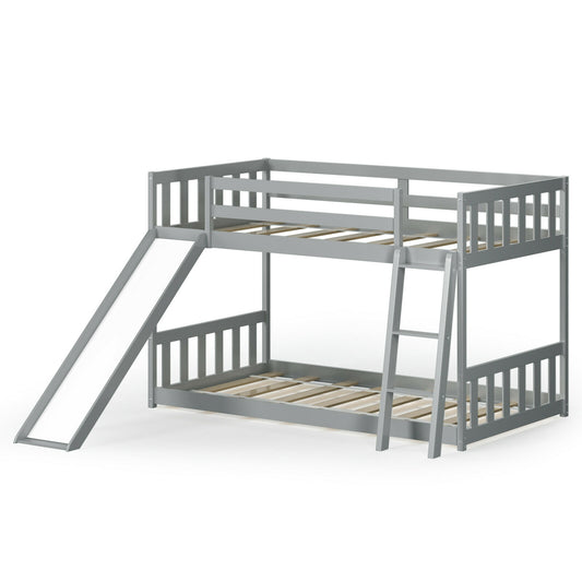 Twin over Twin Bunk Wooden Low Bed with Slide Ladder for Kids-Gray Kids Crystal