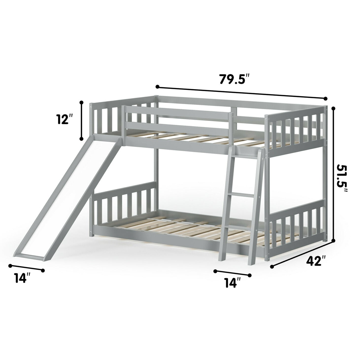 Twin over Twin Bunk Wooden Low Bed with Slide Ladder for Kids-Gray Kids Crystal