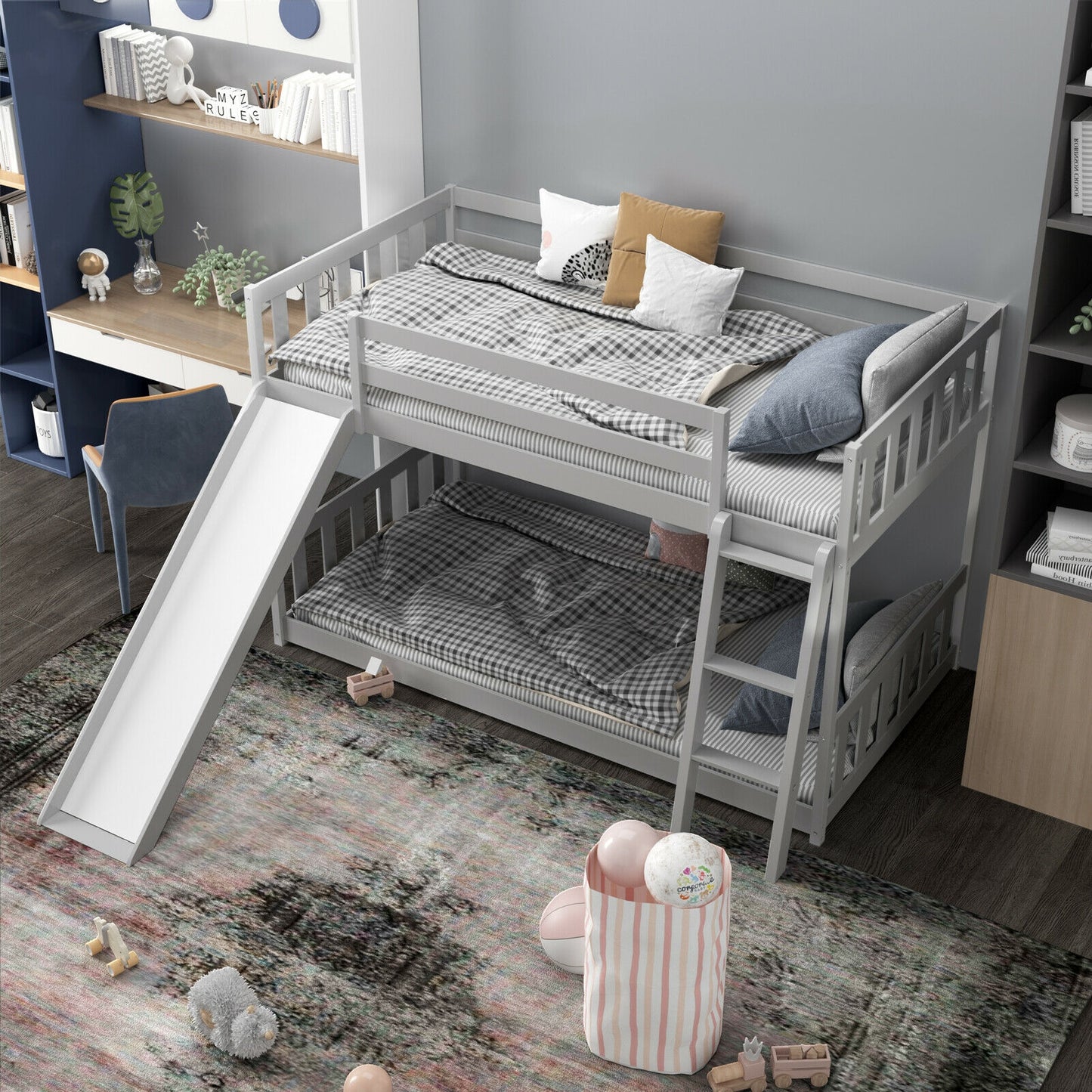 Twin over Twin Bunk Wooden Low Bed with Slide Ladder for Kids-Gray Kids Crystal