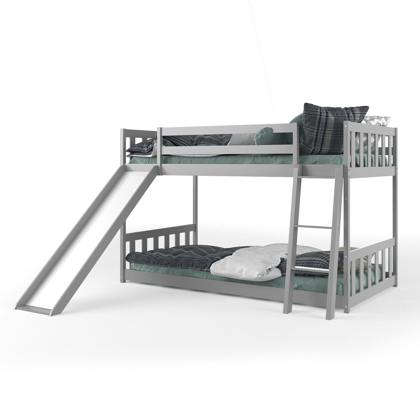 Twin over Twin Bunk Wooden Low Bed with Slide Ladder for Kids-Gray Kids Crystal